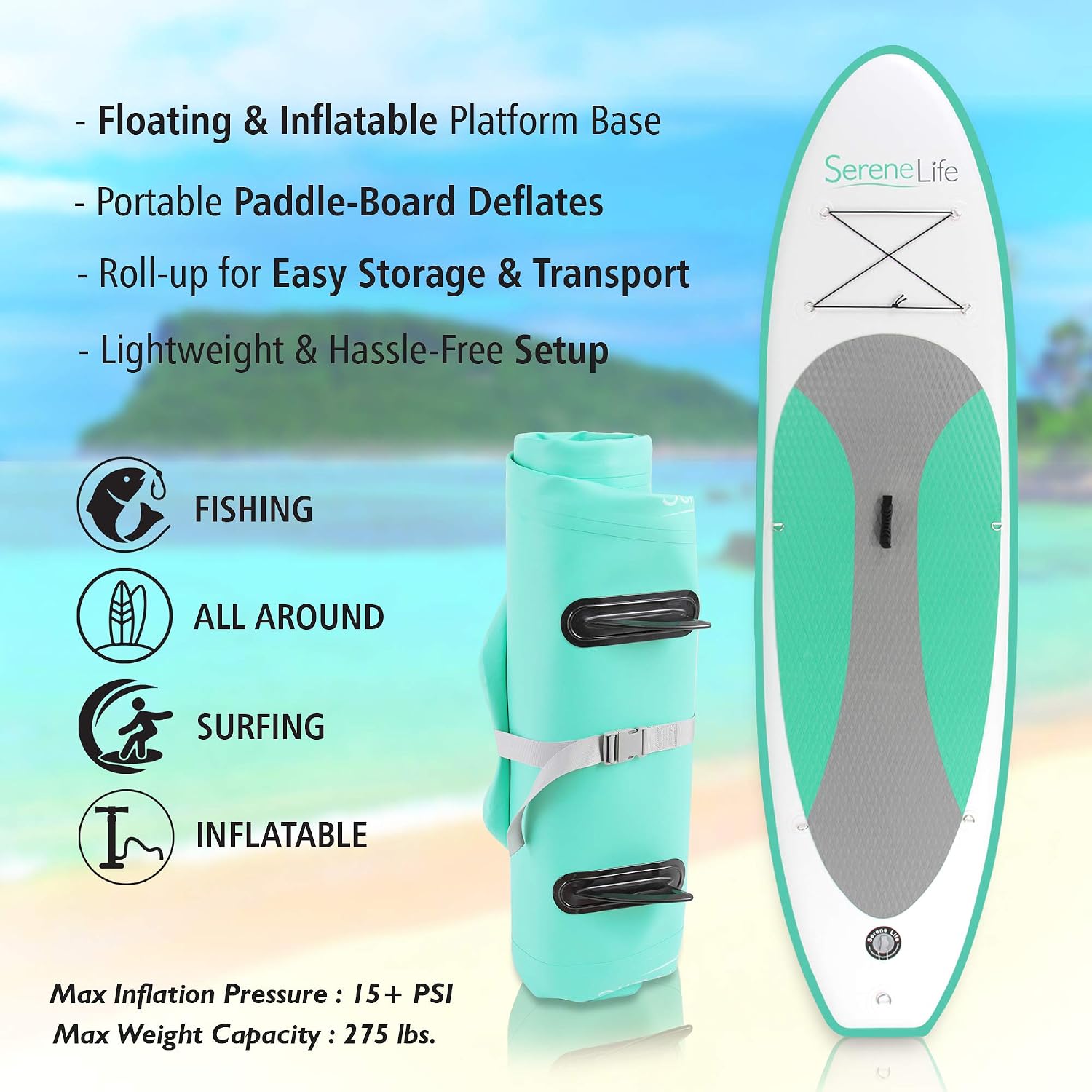 SereneLife Inflatable Stand Up Paddle Board with Premium SUP Accessories – Wide Stable Design with Non-Slip EVA Deck Pad for Adults and Youth of All Skill Levels, 350 lbs Capacity
