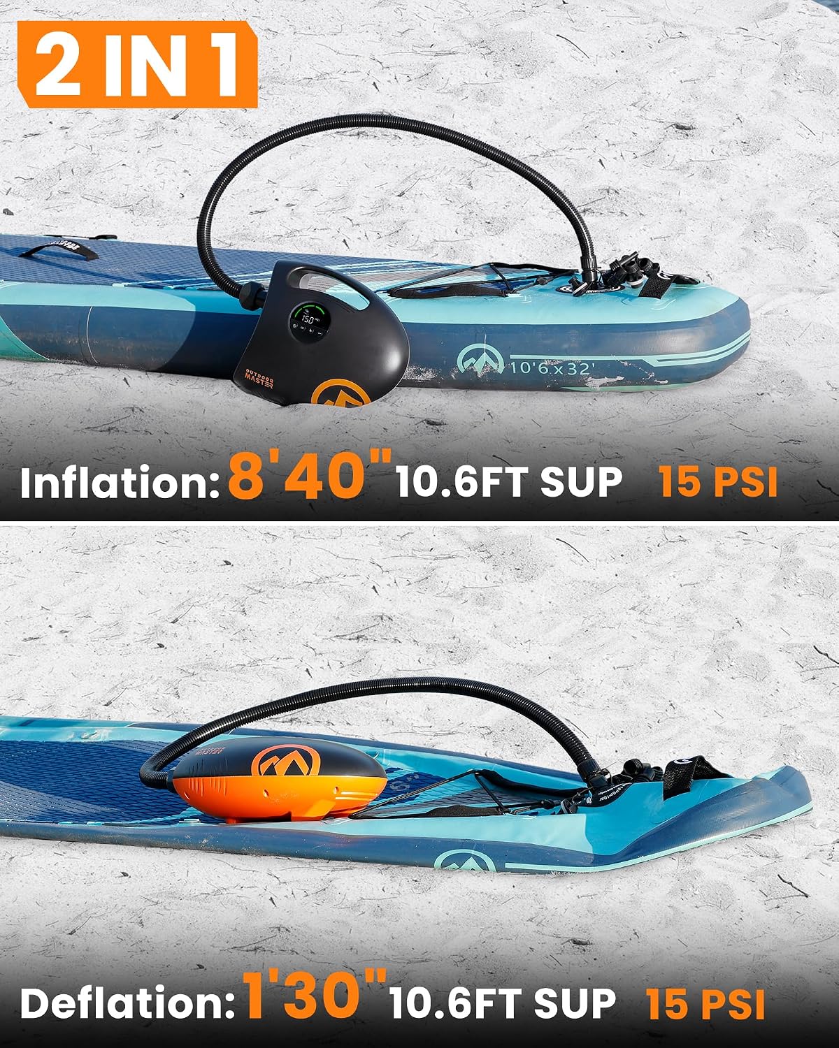 OutdoorMaster Shark 2S 88.8Wh Electric Paddle Board Pump, Rechargeable Battery for 6 SUPs Inflation & Deflation, 20PSI SUP Air Pump 12V/15.8V DC & Type-C Input, Auto-Off & 8 Nozzles for Inflatables
