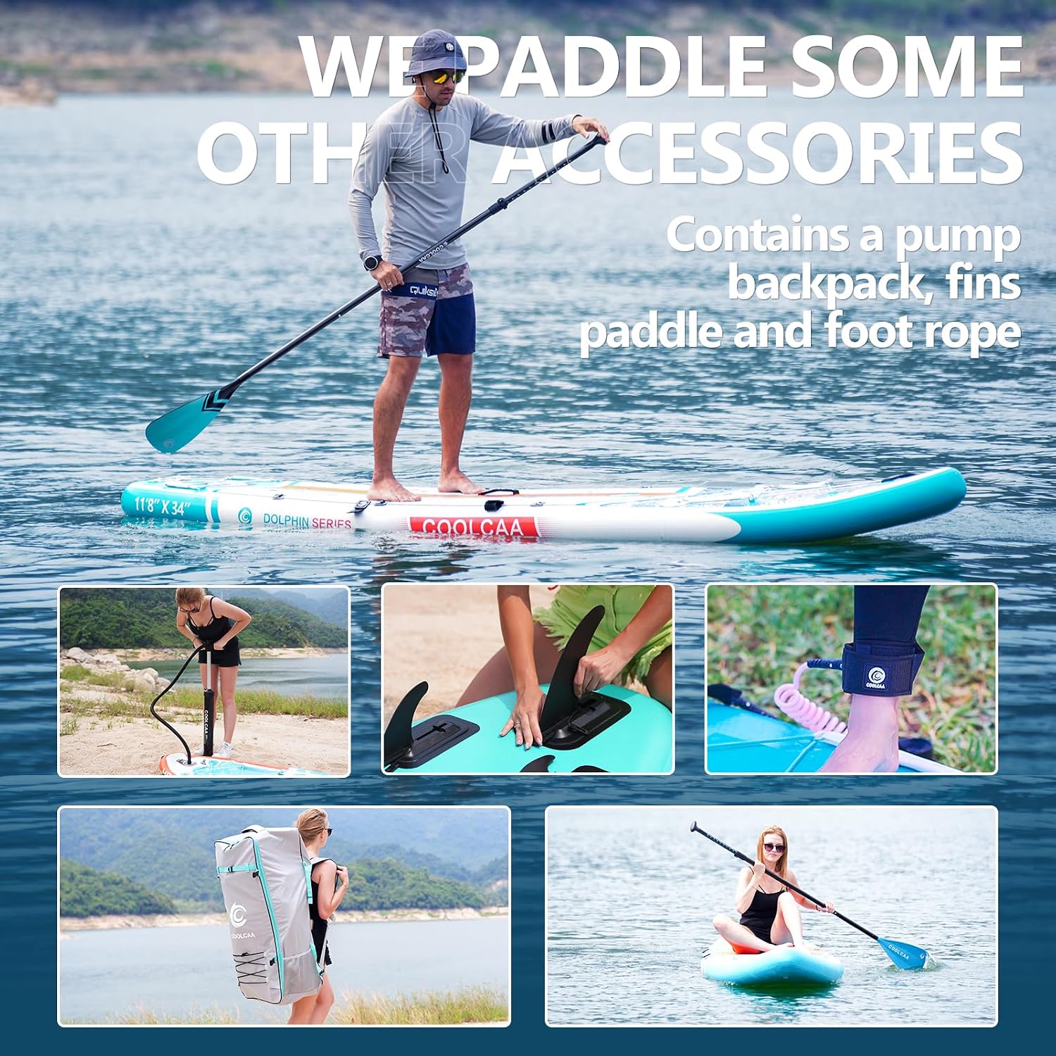 COOLCAA Dolphin Inflatable Paddle Board, Extra Wide & Stable SUP for Family and Beginners, Versatile for Water Activities, with Complete Accessories & Backpack