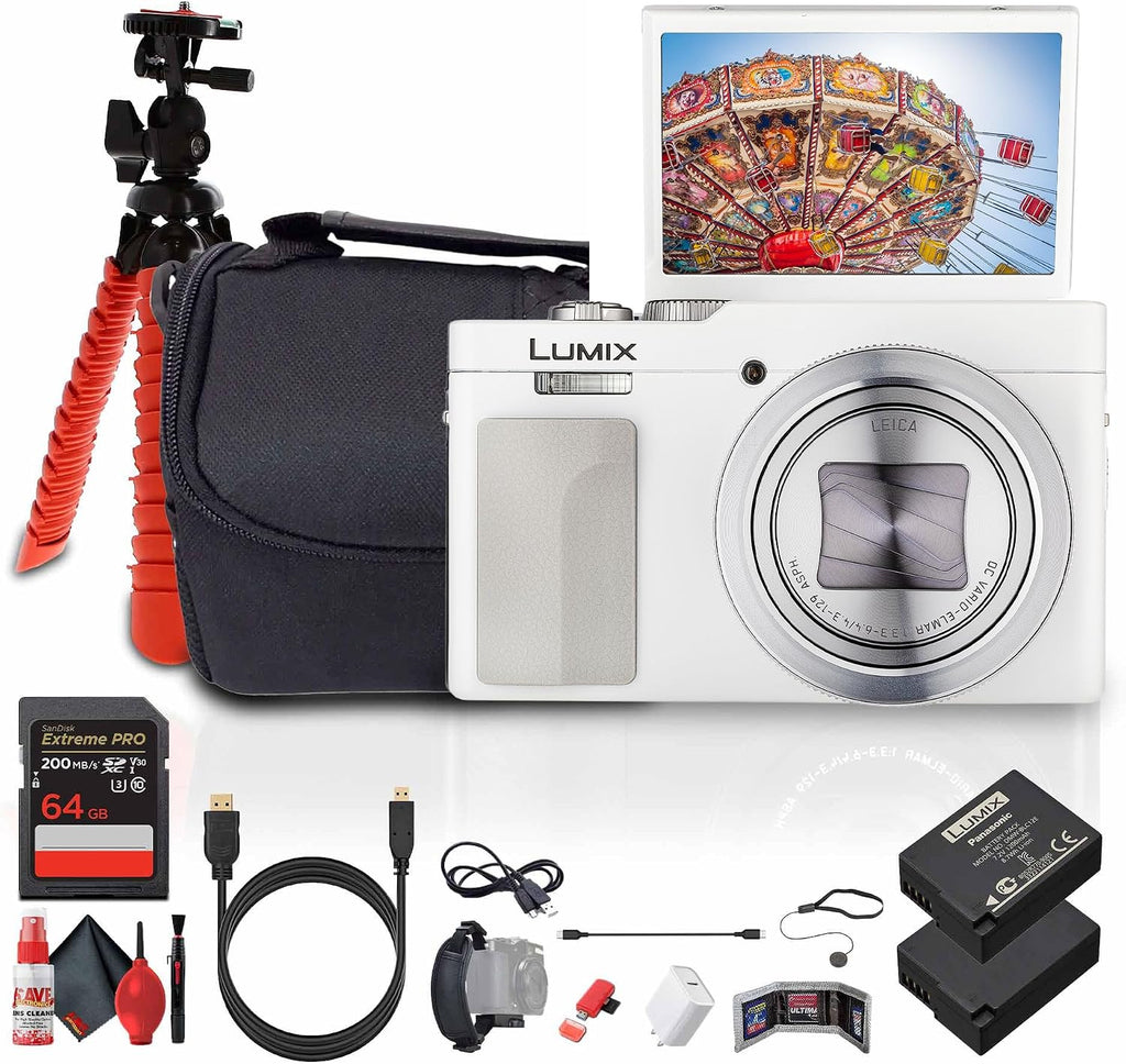 Panasonic TZ99 / ZS99 Point and Shoot Compact Travel Digital Camera (White) (DC-TZ99E-S) + 64GB Memory Card + DMW-BLG10 Battery + Camera Bag + Flexible Tripod + USB-C Cable + Cleaning Kit + More