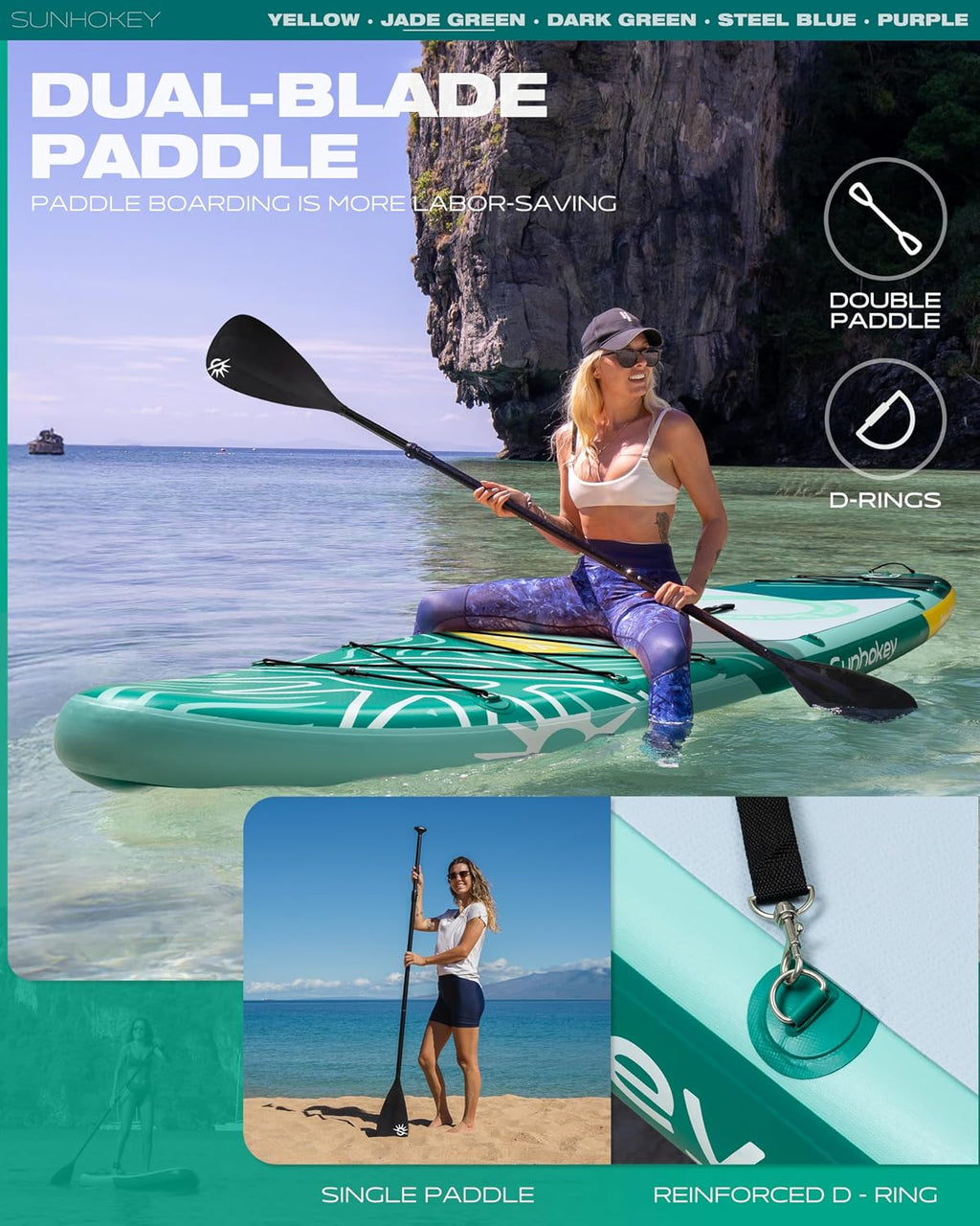 11'×34'' Extra Wide Inflatable Paddle Board with Seam Welded Technology, Stand Up Paddle Board, 420lb Capacity for Adults, Sup Board for All-Level with 2-Blade Paddle/Dual-Action Pump/Leash