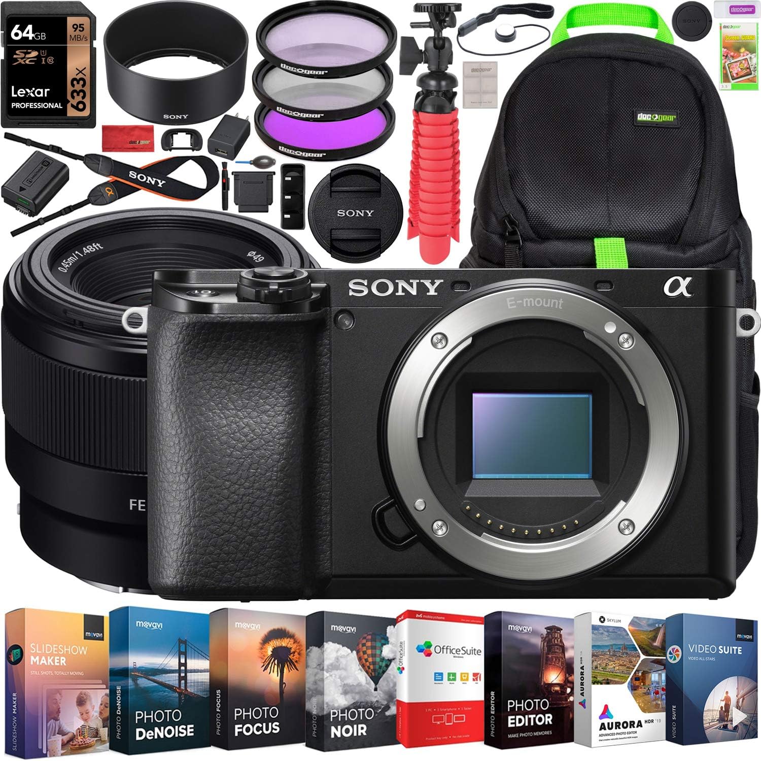 Sony a6100 Mirrorless Camera 4K APS-C Camera Body and FE 50mm F1.8 Full-Frame Fast Prime Lens ILCE-6100B + SEL50F18F Bundle + Deco Gear Travel Backpack Case + Photo Video Software Kit + Accessories