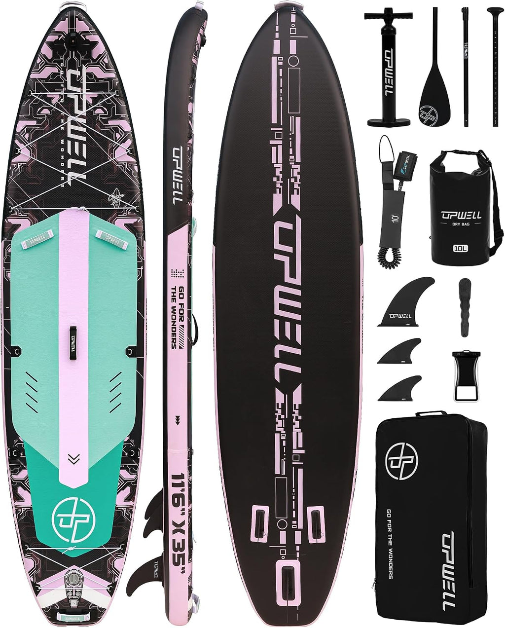 UPWELL 11'6'×35' Extra Wide Inflatable Paddle Board, Stand Up Paddle Board for Youth & Adults, Stable Design, Premium SUP Accessories, 120L Backpack, 10L Dry Bag, Paddle, Leash, Hand Pump, US Fins