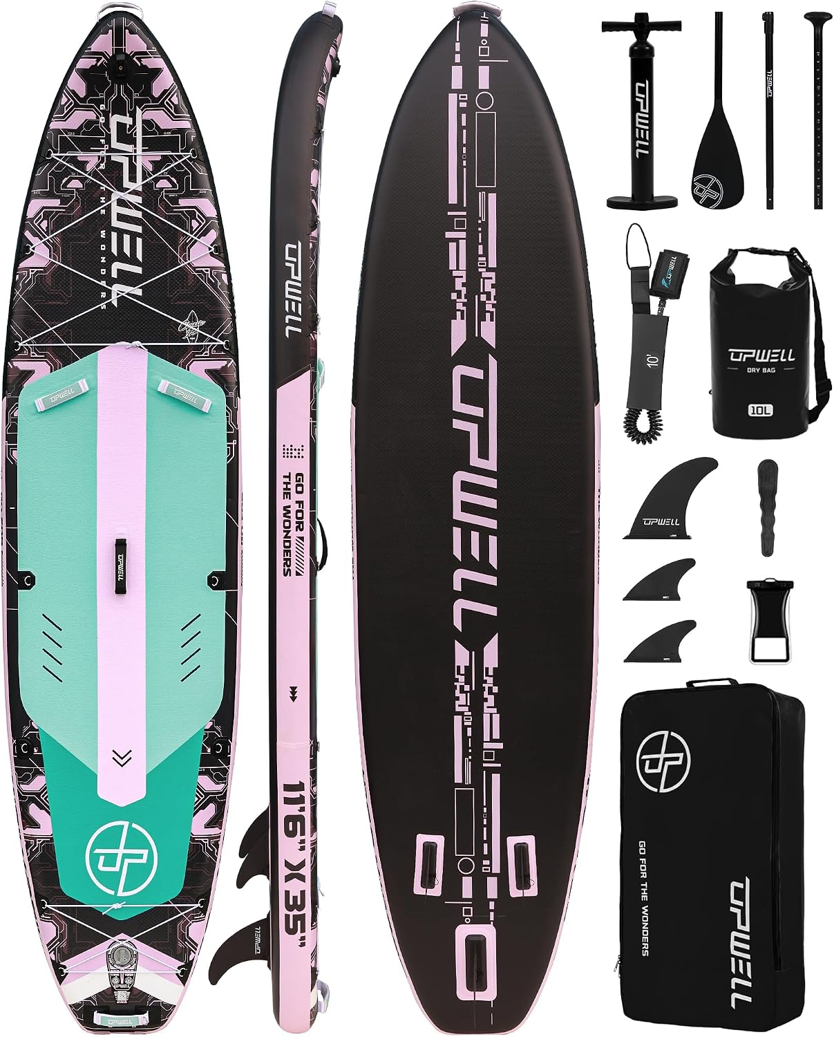 UPWELL 11'6'×35' Extra Wide Inflatable Paddle Board, Stand Up Paddle Board for Youth & Adults, Stable Design, Premium SUP Accessories, 120L Backpack, 10L Dry Bag, Paddle, Leash, Hand Pump, US Fins