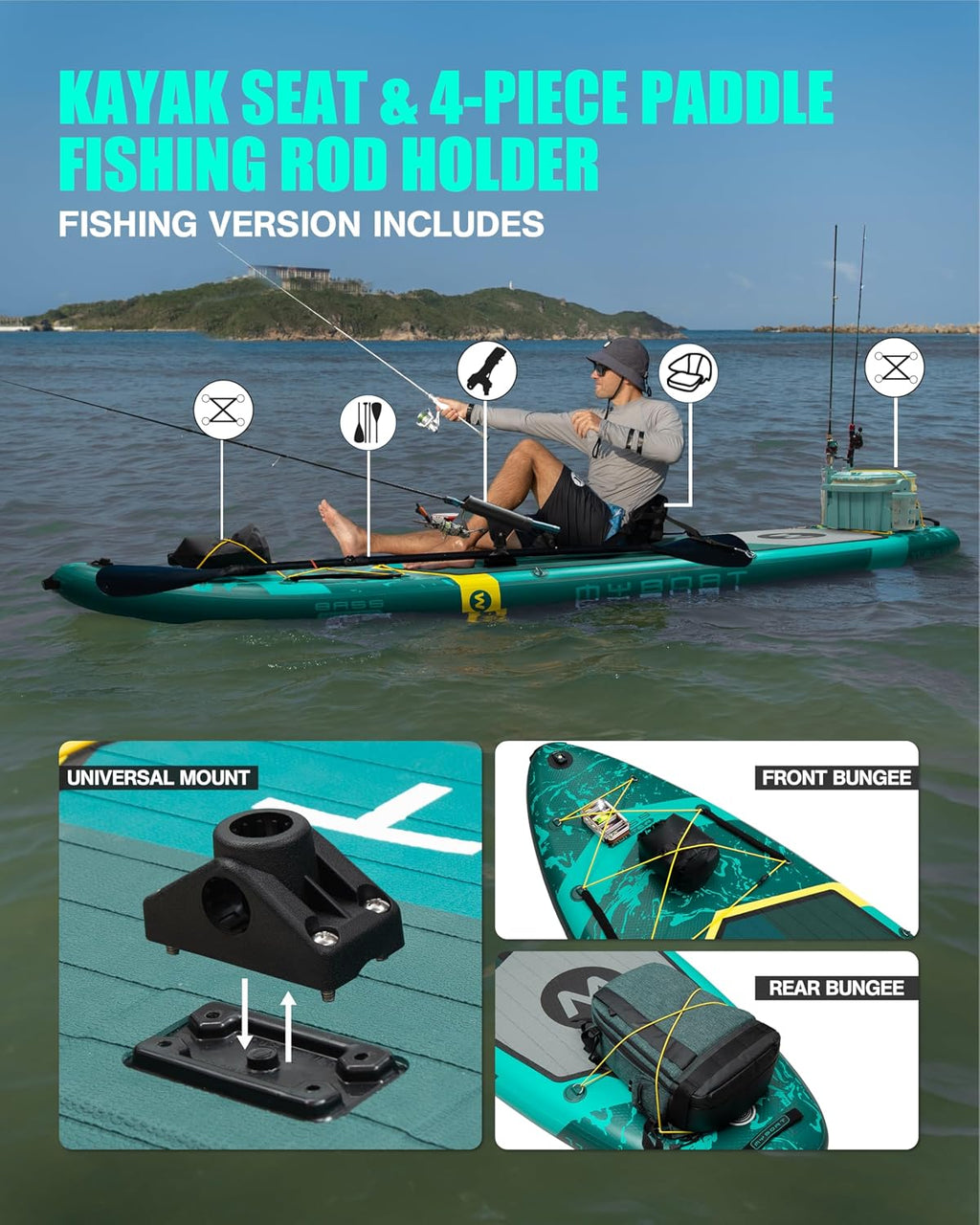 MYBOAT 11'6'×34'×6' Extra Wide Inflatable Paddle Board, Stand Up Paddle Board for Fishing, Sup Board with 3 Removable Fins, Dual Bungees, Camera Mount, Hand Pump, Strong Paddle,Leash