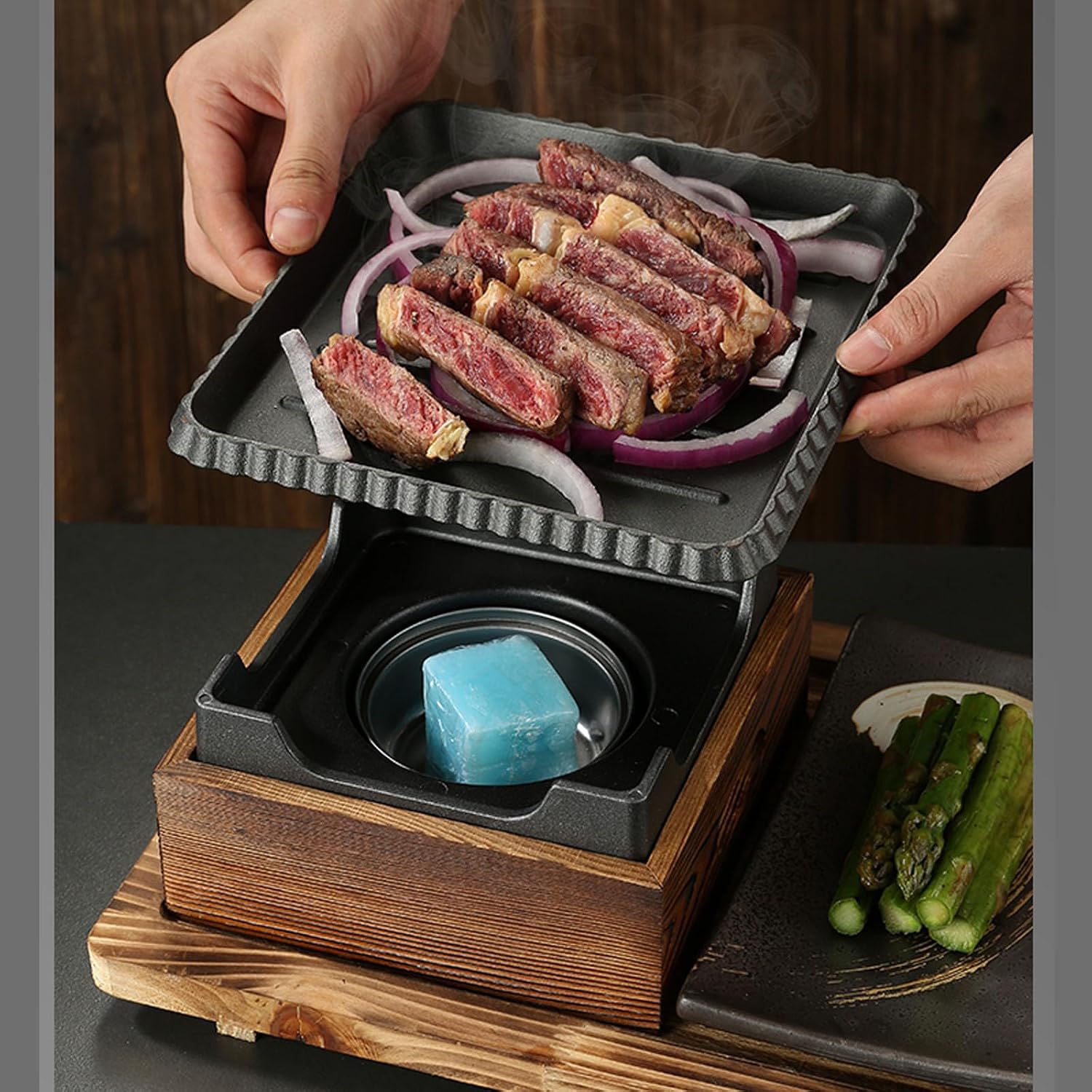 Japanese BBQ Grill Set, Portable Alcohol Barbecue Stove with Non-Stick Baking Pan, Dinner Plate, Seasoning Cups, and Wooden Base for Yakiniku, Yakitori,A