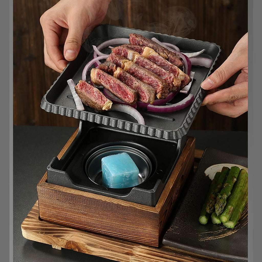Japanese BBQ Grill Set, Portable Alcohol Barbecue Stove with Non-Stick Baking Pan, Dinner Plate, Seasoning Cups, and Wooden Base for Yakiniku, Yakitori,B