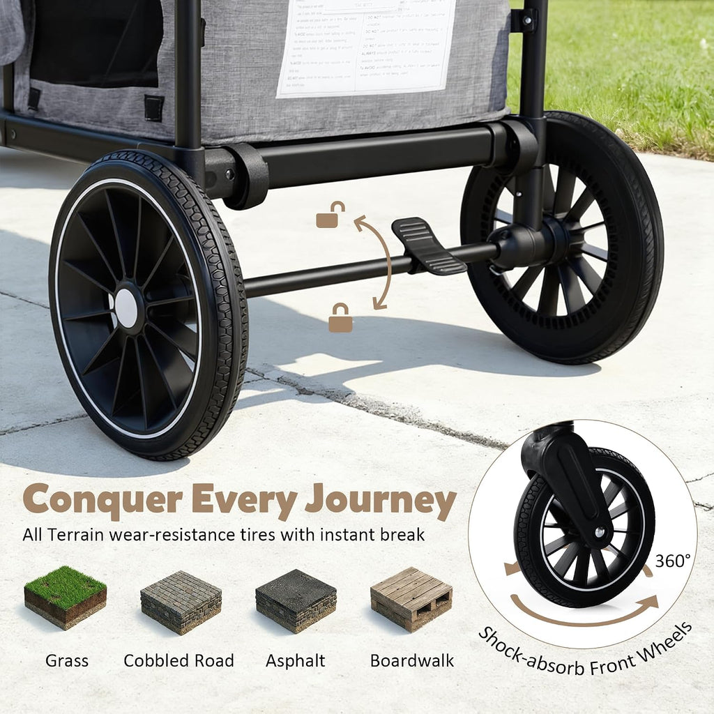 TODEFULL Wagon Stroller for 2 Kids, Foldable Kids Wagon Cart Featuring with Harnesses, Adjustable Double Push Handle, Removable Canopy, Snack Tray, Large Storage Bag, Gray