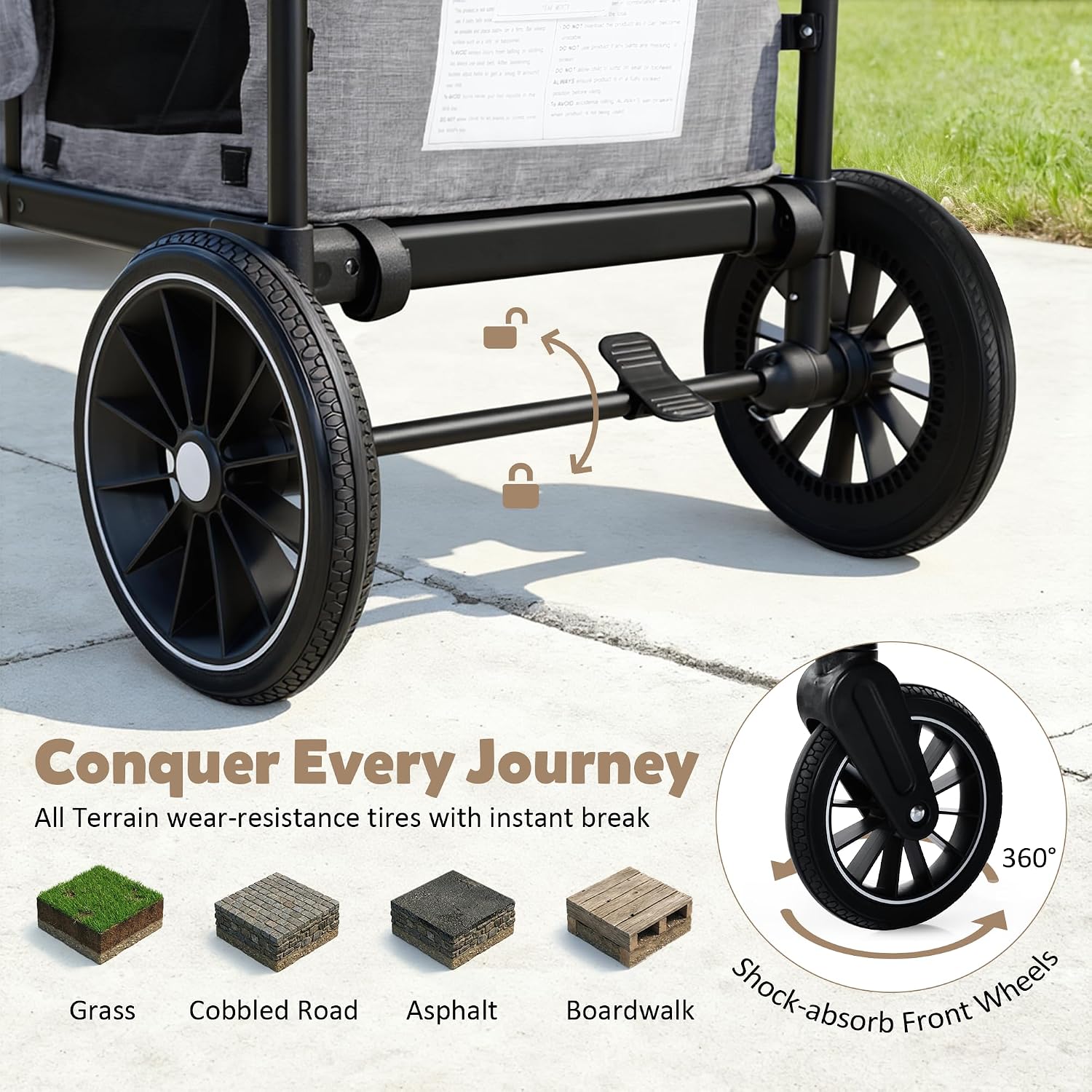 TODEFULL Wagon Stroller for 2 Kids, Foldable Kids Wagon Cart Featuring with Harnesses, Adjustable Double Push Handle, Removable Canopy, Snack Tray, Large Storage Bag, Gray