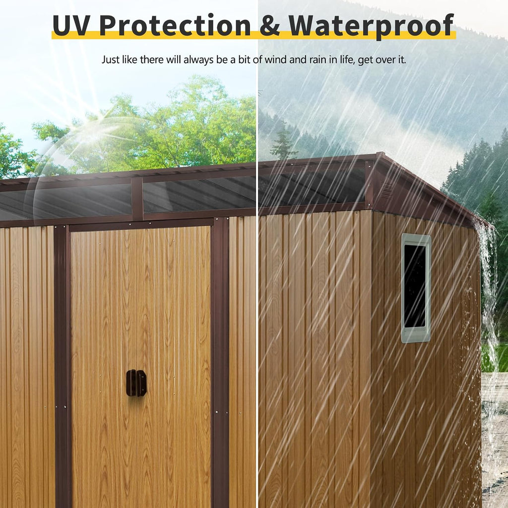 8x6 ft Outdoor Metal Storage Shed with Floor Floor and Window, Lockable Galvanized Steel Tool Shed with Sliding Door, Air Vent and Transparent Plate, Waterproof Garden Storage House for Backyard