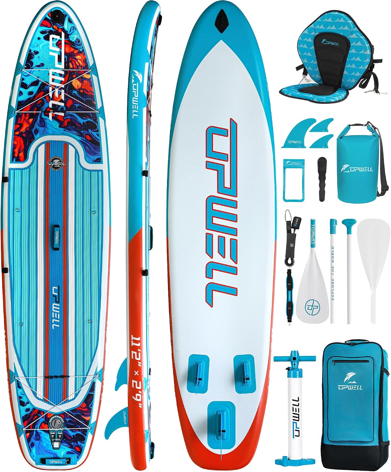 UPWELL 11'6'/11'2'/11'/10'8'/10'6'/10'2' Inflatable Stand Up Paddle Board with sup Accessories Including Backpack, Repairing Kits, Non-Slip Deck, Leash, 3 Fins, Paddle and Hand Pump