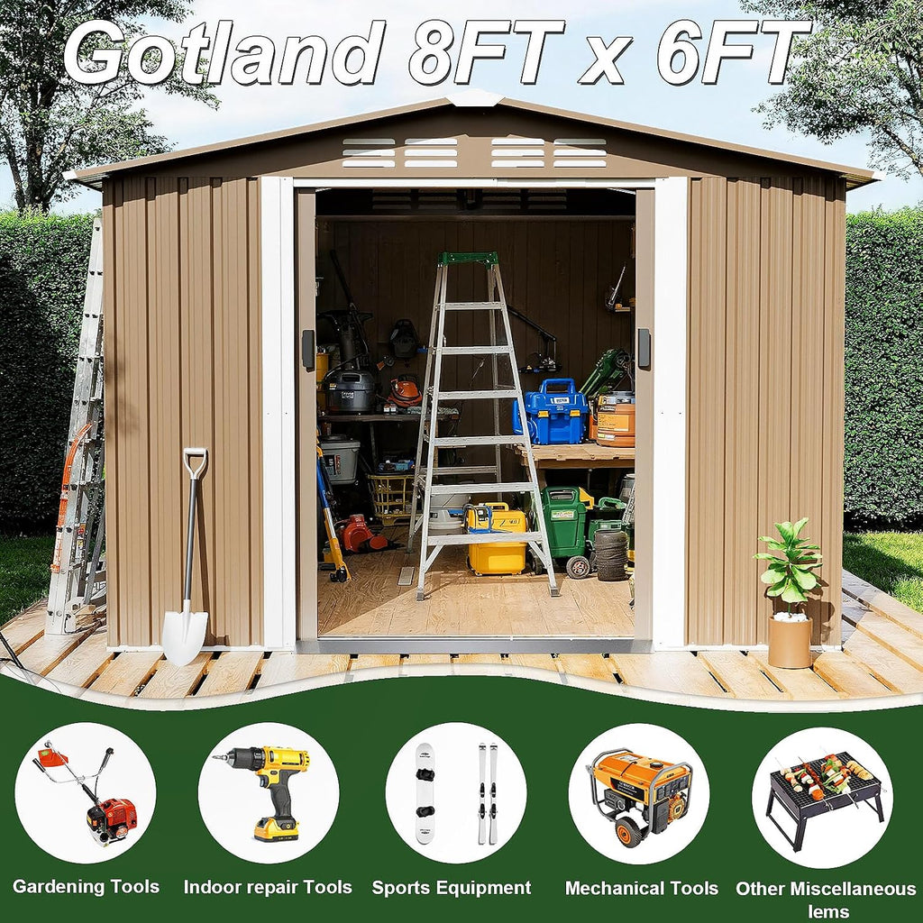 Gotland 8FT x 6FT Sheds & Outdoor Storage, Metal Shed with Sloped Steps Waterproof Sloped Roof, Storage Shed with 2 Lockable Slide Doors, Outdoor Shed for Backyard Patio Lawn Brown