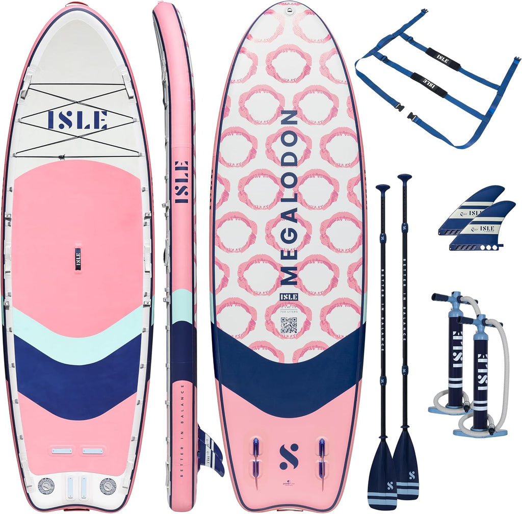 ISLE Megalodon Inflatable Stand Up Paddle Board & iSUP Bundle Accessory Pack - Up to 1,050 lbs Capacity — Durable, Lightweight, Stable — 12' L x 45' W x 8' OR 15' L x 56' W x 8'