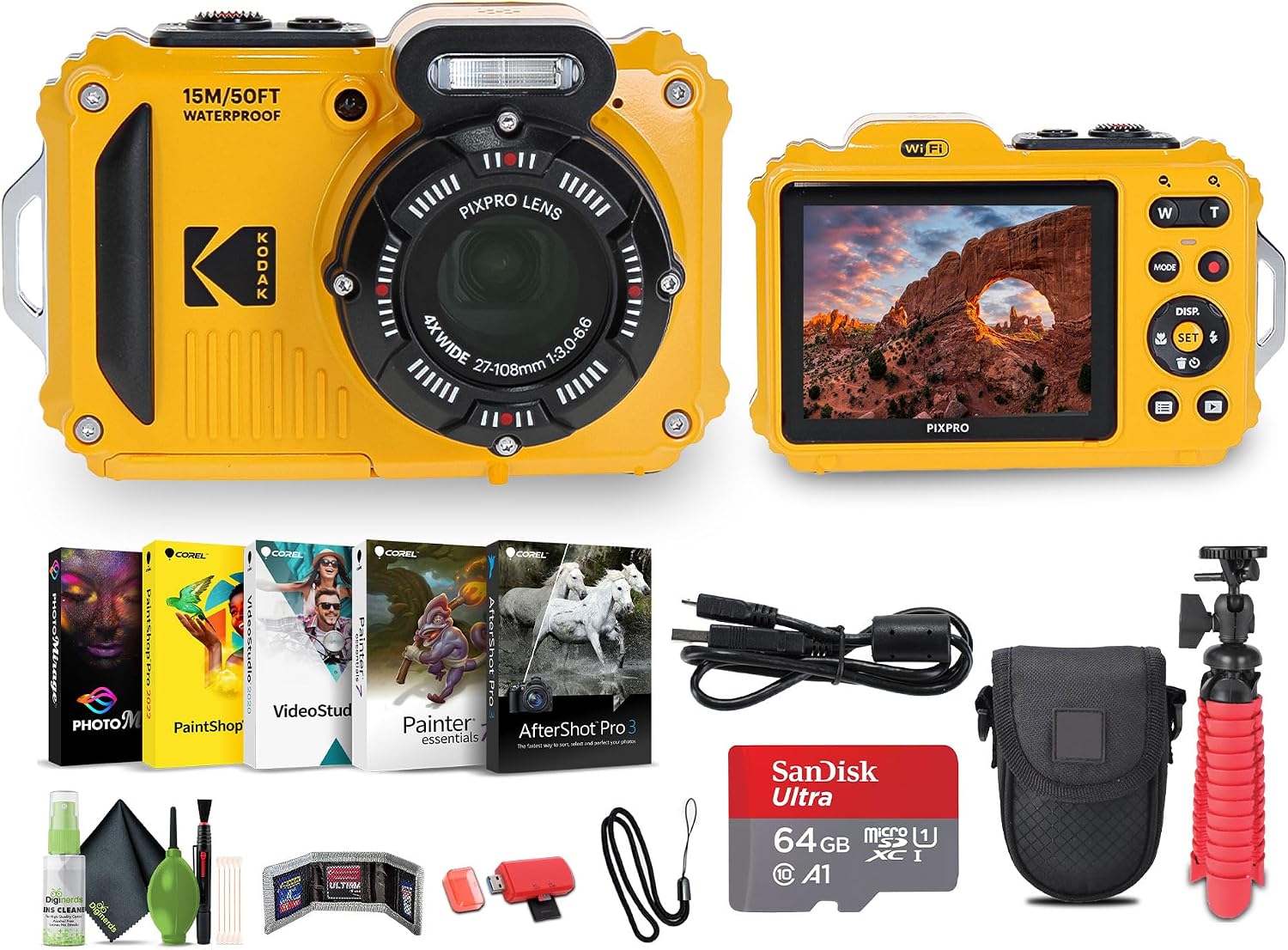 KODAK PIXPRO WPZ2 Rugged Waterproof Shockproof Dustproof WiFi Digital Vlogging Camera 16MP (Yellow) Bundle with 64GB Memory Card + Vlogger Tripod + Bag + Cleaning Kit + More Accessories