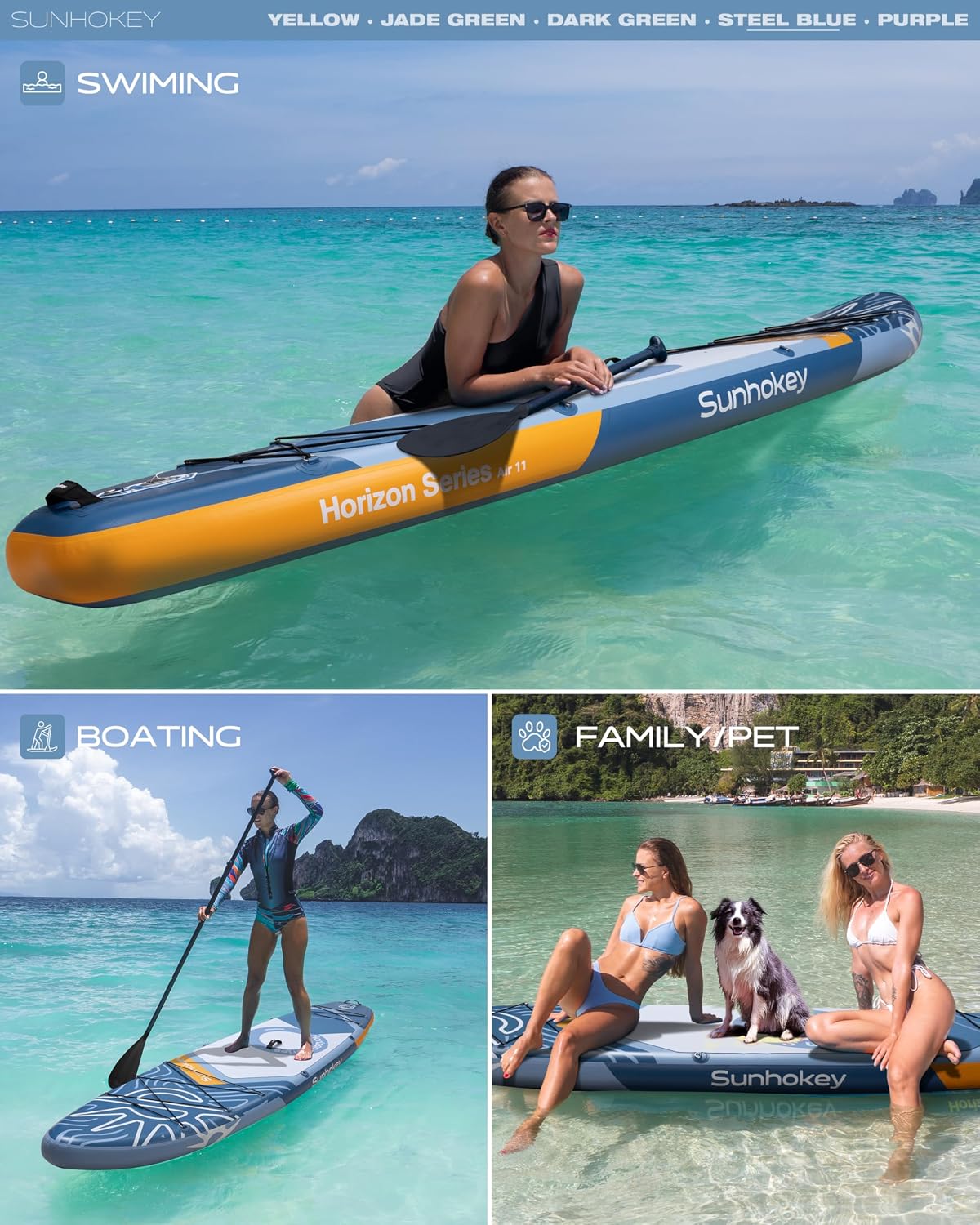 11'×34'' Extra Wide Inflatable Paddle Board with Seam Welded Technology, Stand Up Paddle Board, 420lb Capacity for Adults, Sup Board for All-Level with 2-Blade Paddle/Dual-Action Pump/Leash