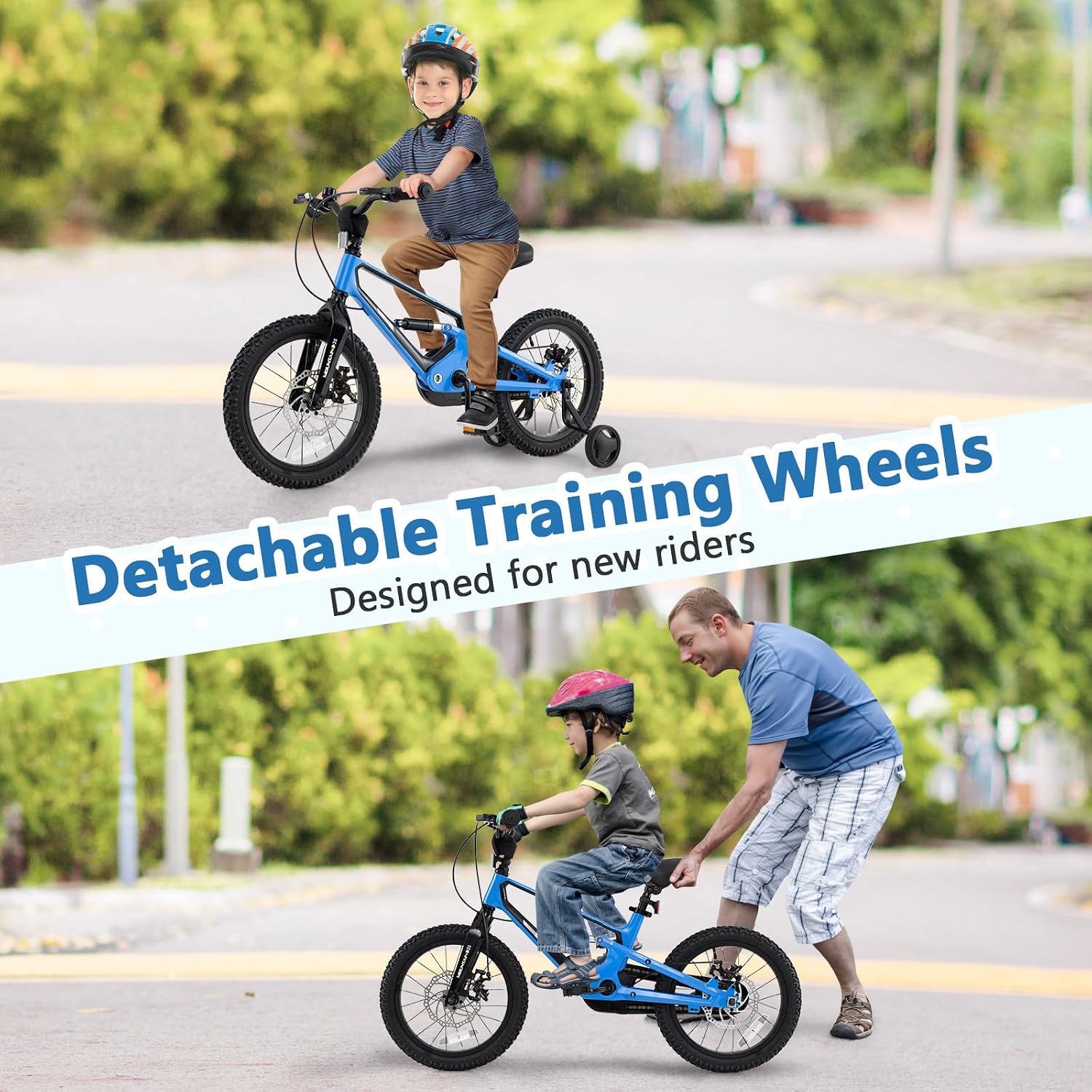 BABY JOY Kids Bike, 16' Magnesium Sporty Bicycle with Dual Disc Brakes, Removable Training Wheels, Body Suspension, Adjustable Handlebar & Saddle, Girls Boys Bike