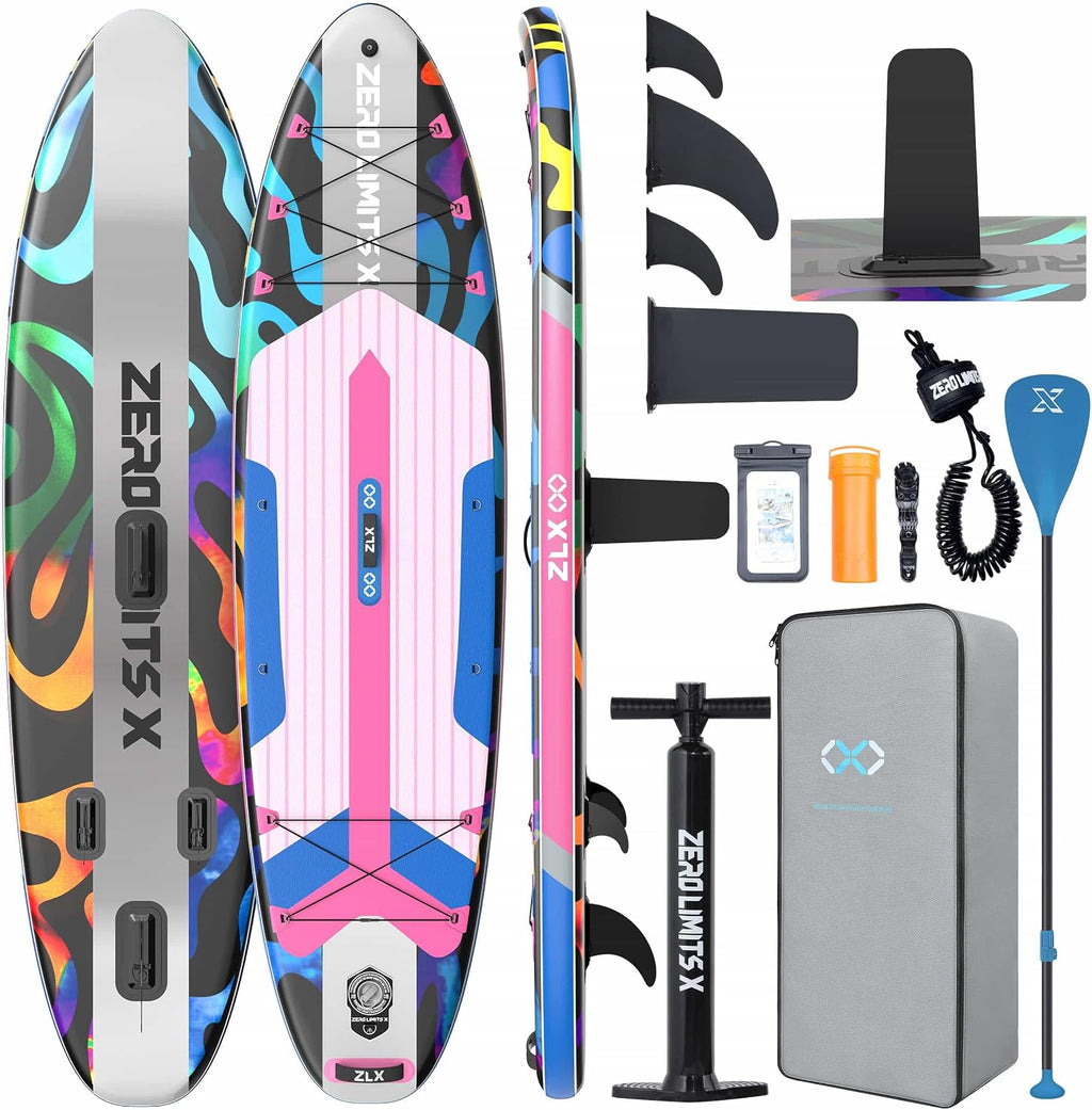 ZLX Inflatable Stand Up Paddle Board, 10'6' SUP Non-Slip Stable Deck Pad, Unique Center Fin, Premium Accessories, Paddleboard for Adults, Beginners, All Skill Levels