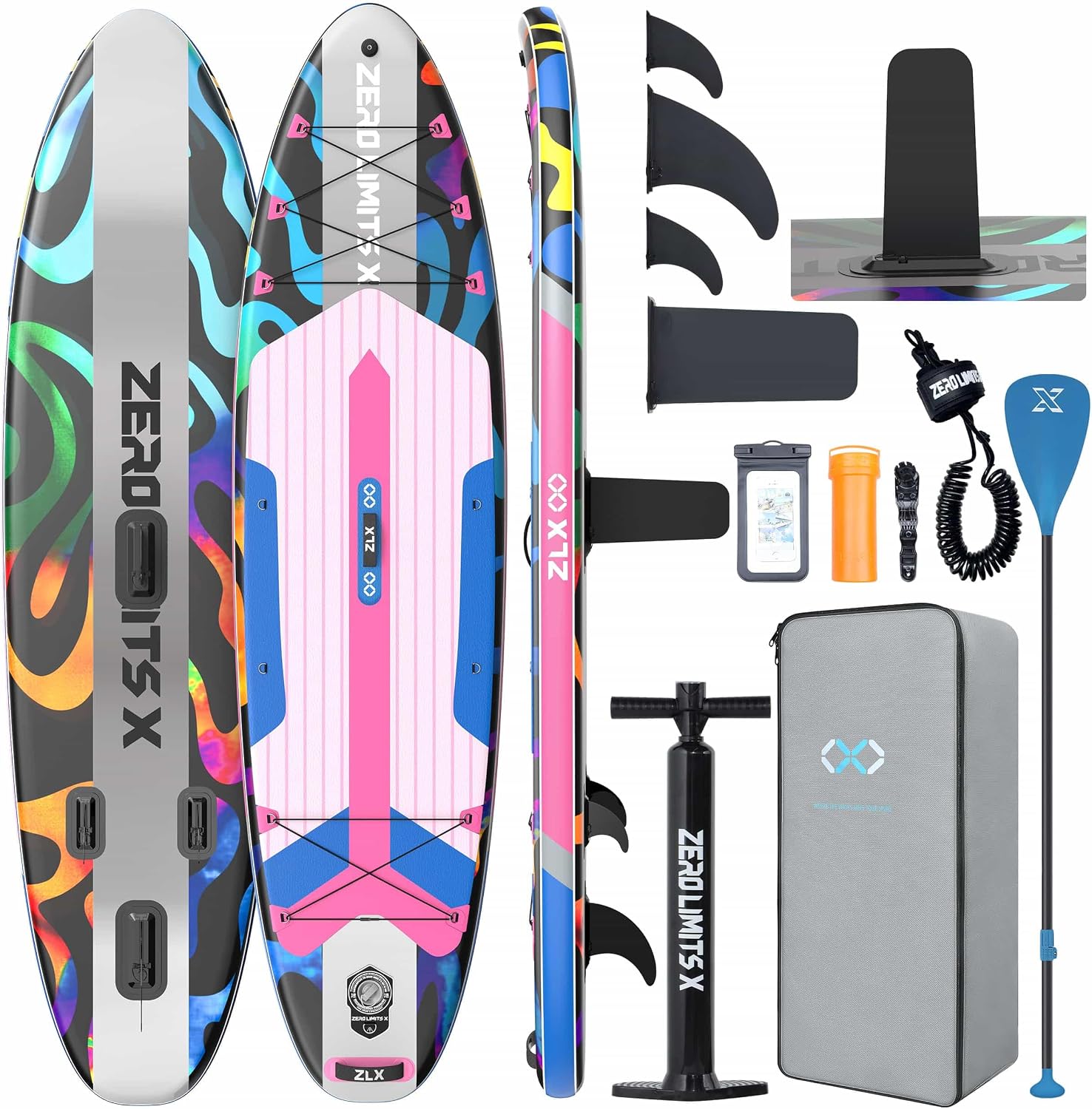 ZLX Inflatable Stand Up Paddle Board, 10'6' SUP Non-Slip Stable Deck Pad, Unique Center Fin, Premium Accessories, Paddleboard for Adults, Beginners, All Skill Levels