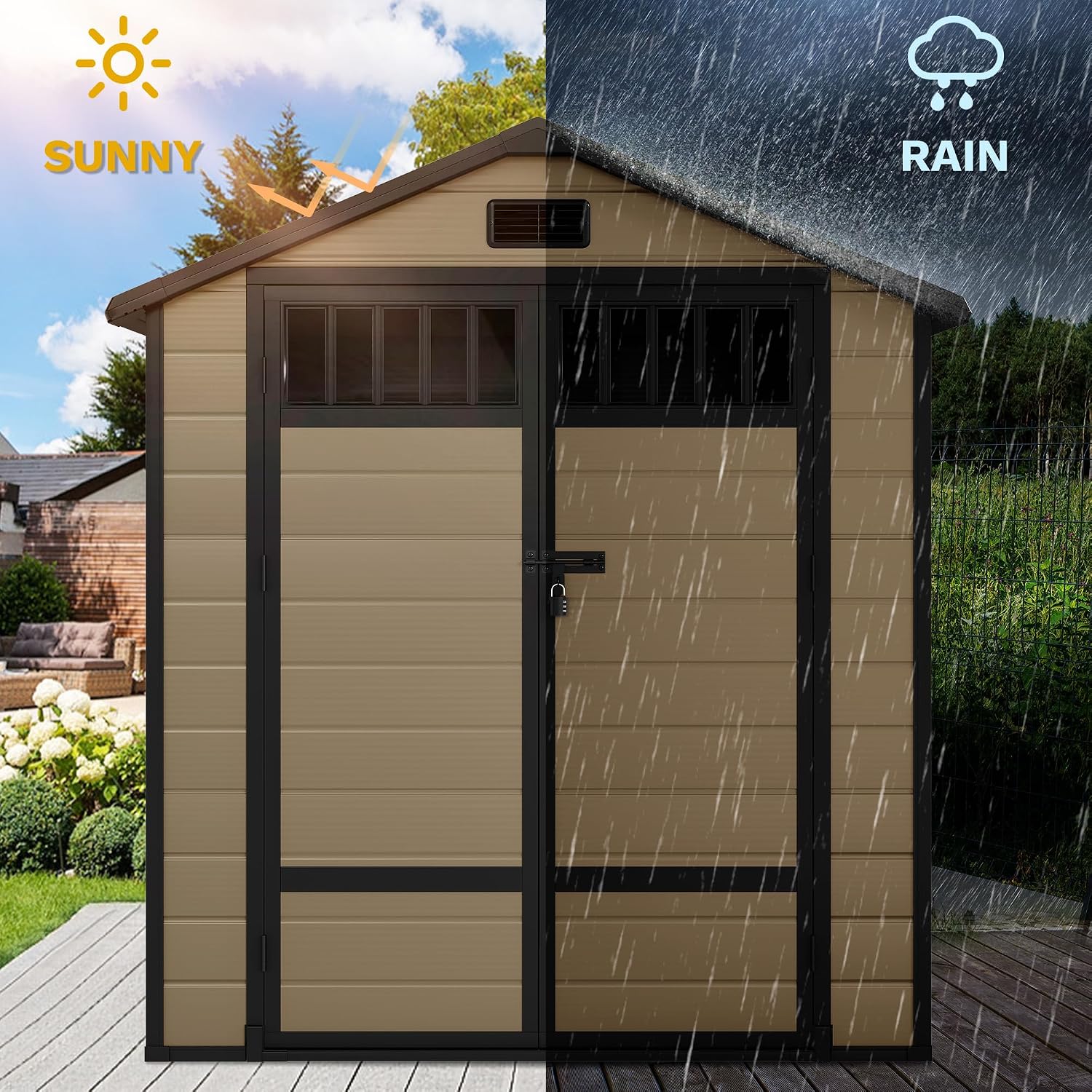 DWVO 6x4.4 FT Resin Storage Shed with Fence-Style and Side Windows, Lockable Door, and Vents Outdoor Storage Shed for Garden, Backyard, Patio, Lawn