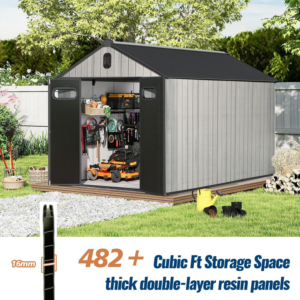 Domi 8x10Ft Resin Outdoor Storage Shed, Plastic Garden Shed with Carpet, Outside Weatherproof Storage Building for Tools, Bike, Lawn Mower, Patio, Backyard