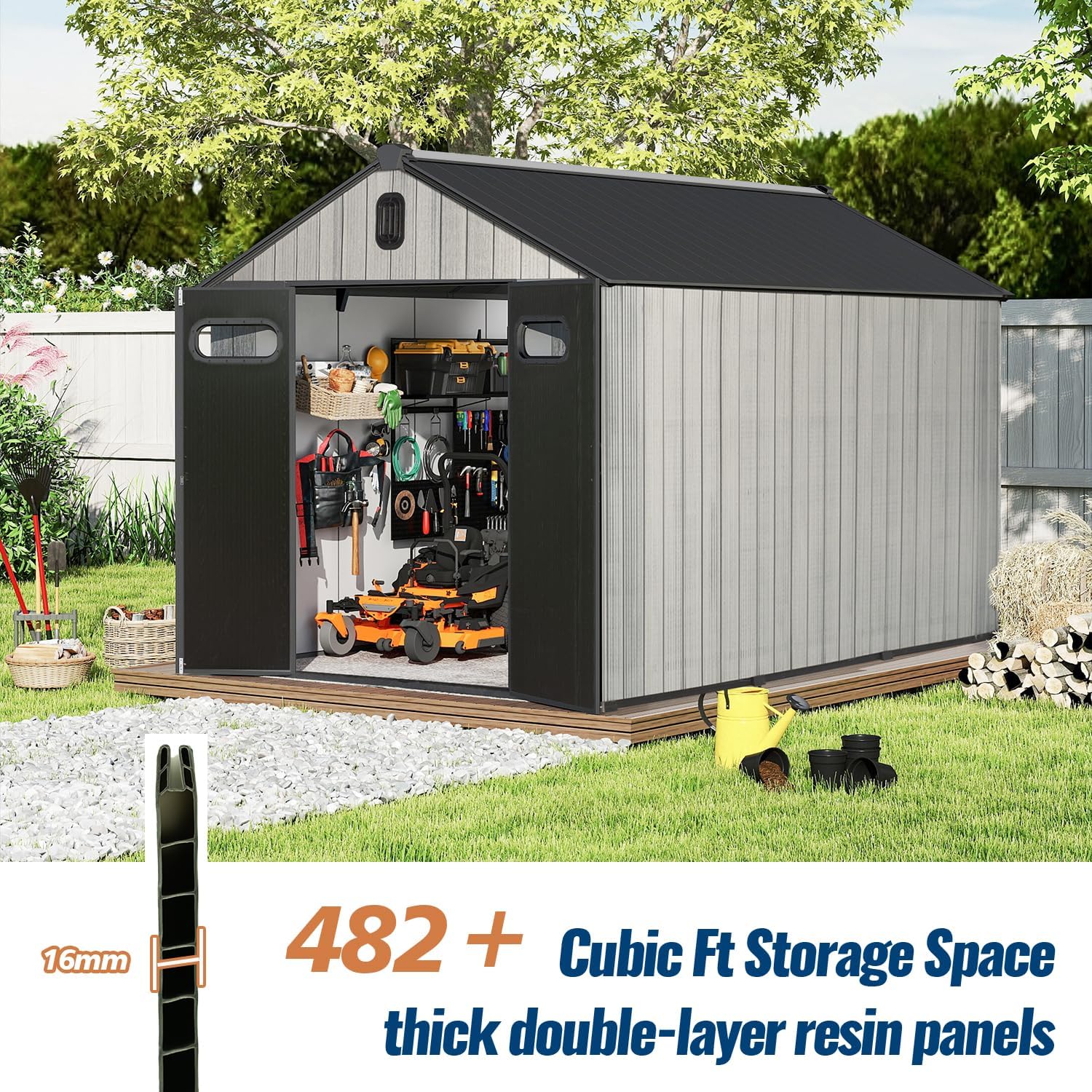 Domi 8x10Ft Resin Outdoor Storage Shed, Plastic Garden Shed with Carpet, Outside Weatherproof Storage Building for Tools, Bike, Lawn Mower, Patio, Backyard