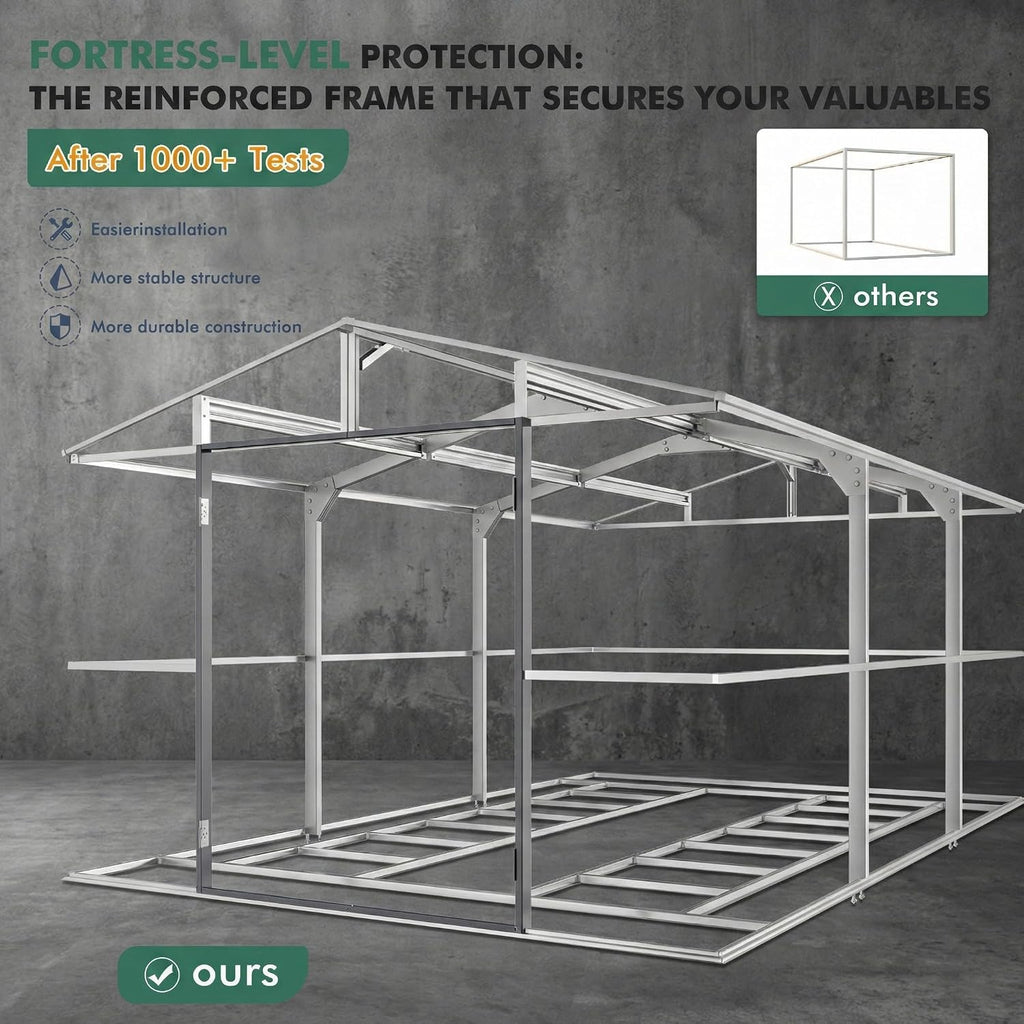 WACASA 10x16 FT Metal Shed with Base Frame Floor Kit | Heavy-Duty Military-Grade 20-Gauge Reinforced Frame with Powder Coating | 50 PSF Snow Load & 120 MPH Wind Rated | Skylight Tiny House Building