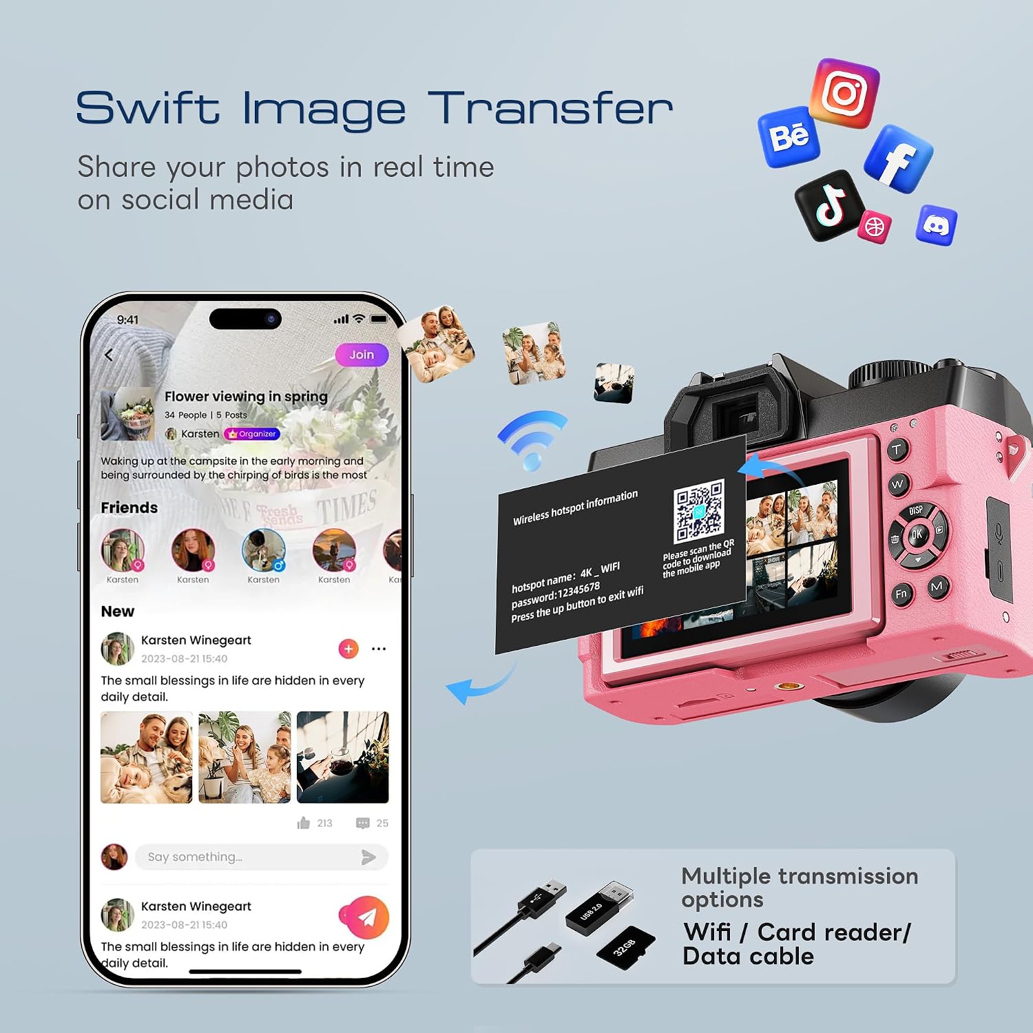Digital Cameras for Photography with WiFi&App Control, Ture 4K&48MP Vlogging Camera for YouTube,Compact,16X Zoom Autofocus, Anti-Shake for Entry-Level User, Beginners, Macro&Wide Lens-32GB Card(Pink)
