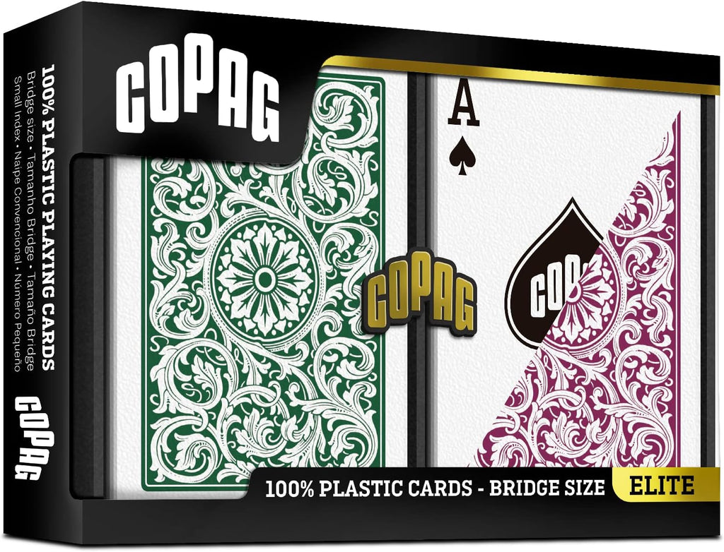 Copag 1546 Design 100% Plastic Playing Cards, Bridge Size (Narrow) Green/Burgundy (Standard Index, 6 Sets)