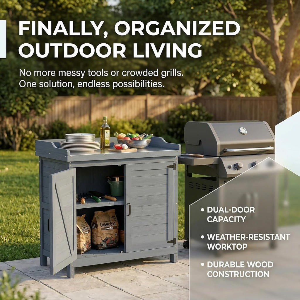 Outdoor Garden Patio Wooden Storage Cabinet Furniture Waterproof Tool Shed with Potting Benches Outdoor Work Station Table (Gray)