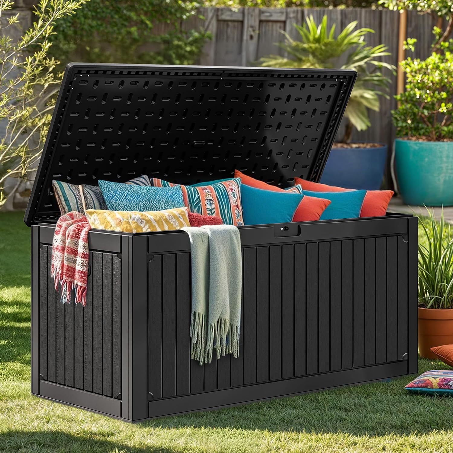DWVO 320 Gallon Resin Outdoor Storage Box, XXL Double-Wall Waterproof Deck Box with Divider, Doubles as Table or Seating with 1000 lbs Capacity, Lockable (Black)