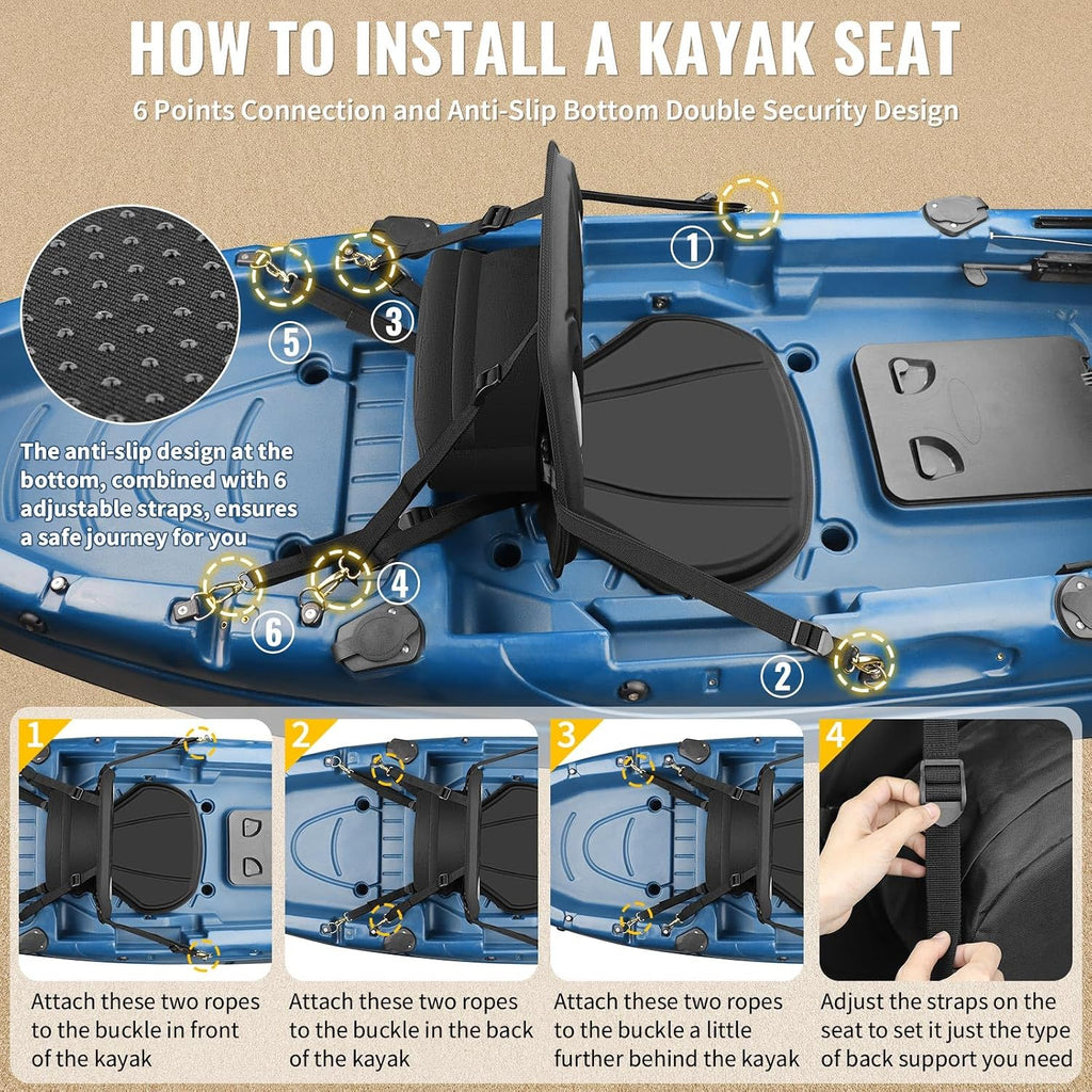 Vashly Kayak Seat with Back Support Universal Thicken Cushion Paddle Board Seat with Storage Bag for Sit-on-Top Kayak, Inflatable Kayaks, SUP, Tandem Kayaks (Strap Security: 6 Adjustable Straps)