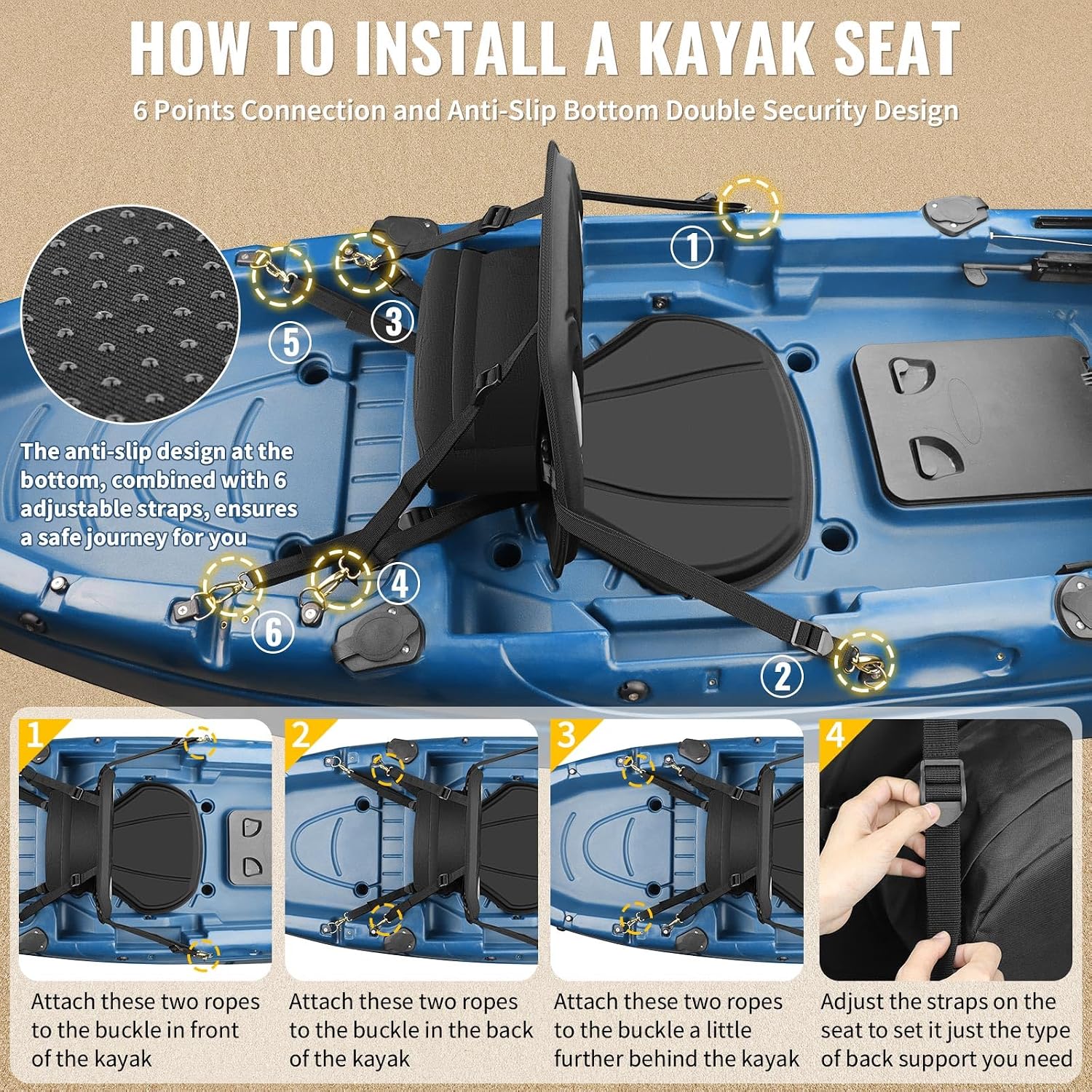 Vashly Kayak Seat with Back Support Universal Thicken Cushion Paddle Board Seat with Storage Bag for Sit-on-Top Kayak, Inflatable Kayaks, SUP, Tandem Kayaks (Strap Security: 6 Adjustable Straps)