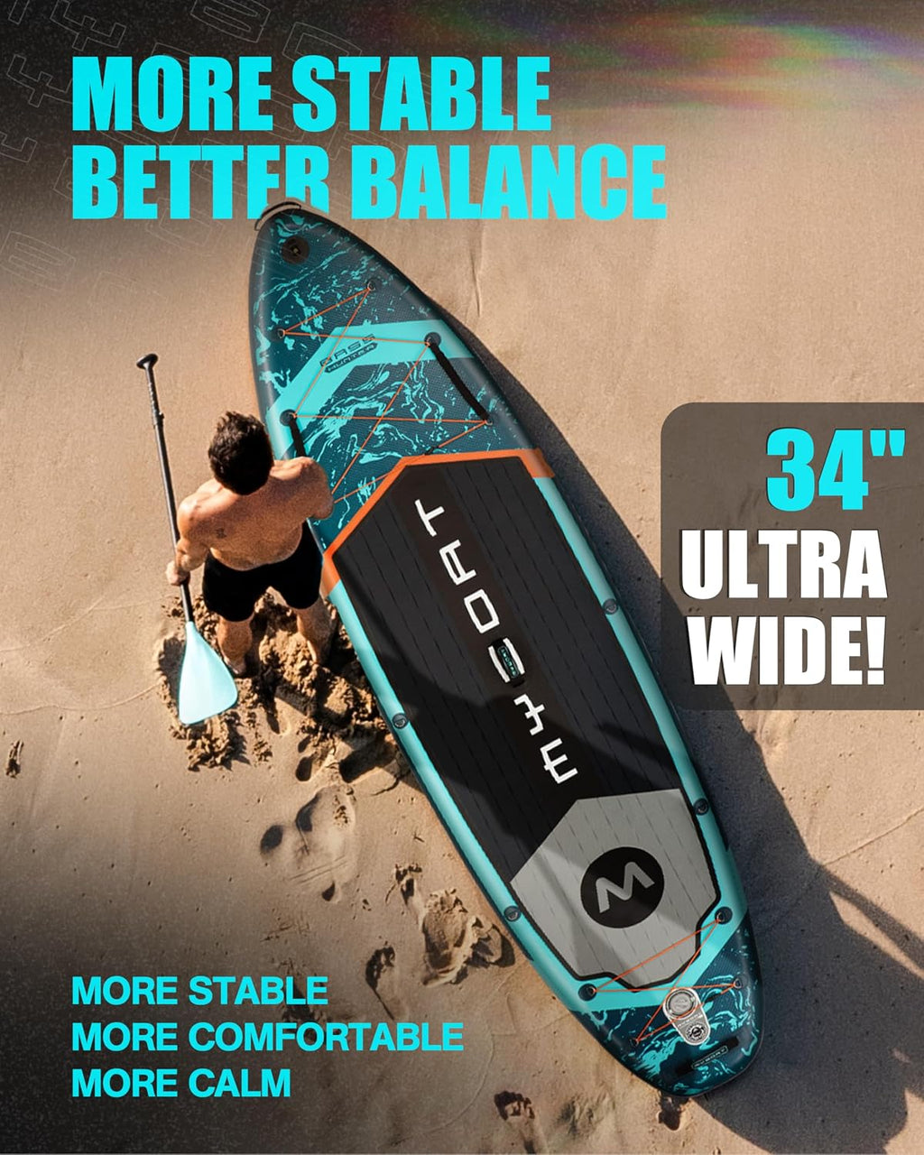 MYBOAT 11'6'×34'×6' Extra Wide Inflatable Paddle Board, Stand Up Paddle Board for Fishing, Sup Board with 3 Removable Fins, Dual Bungees, Camera Mount, Hand Pump, Strong Paddle,Leash