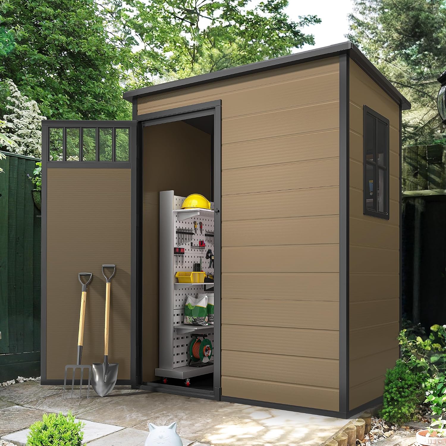 DWVO 5x3FT Outdoor Storage Shed, All-Weather Resin Plastic Storage Shed with Windows, Slanted Roof, Raised Floor, 65 cu.ft Capacity for Garden Tools & Equipment, Ideal for Backyard & Garden, Brown