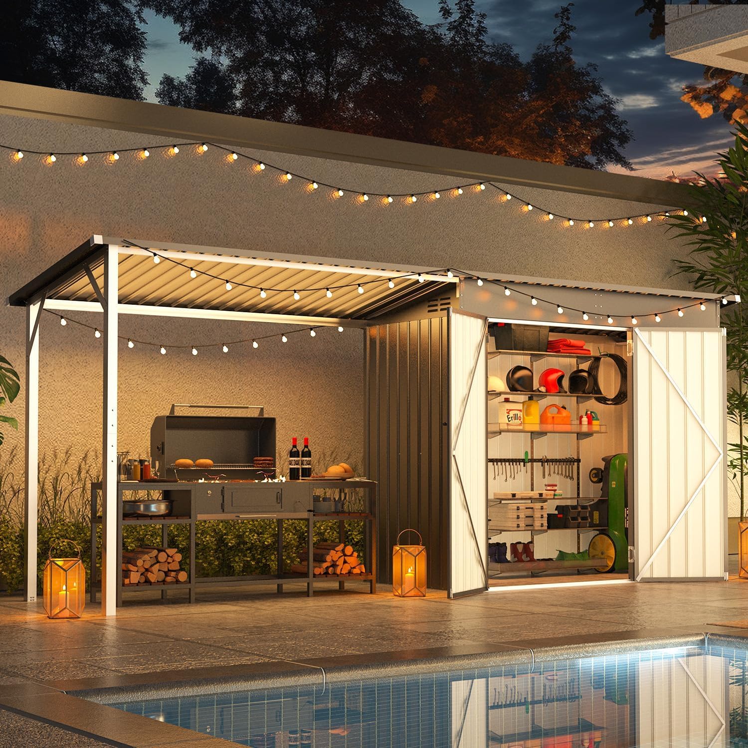 AECOJOY 8x4 FT Outdoor Storage Shed & Hardtop Gazebo Combo, 14x4FT Metal Lean to Shed with 6'x4' Open Pergola, 2-in-1 Tool Sheds & Outdoor Storage for Patio, Backyard, Garden