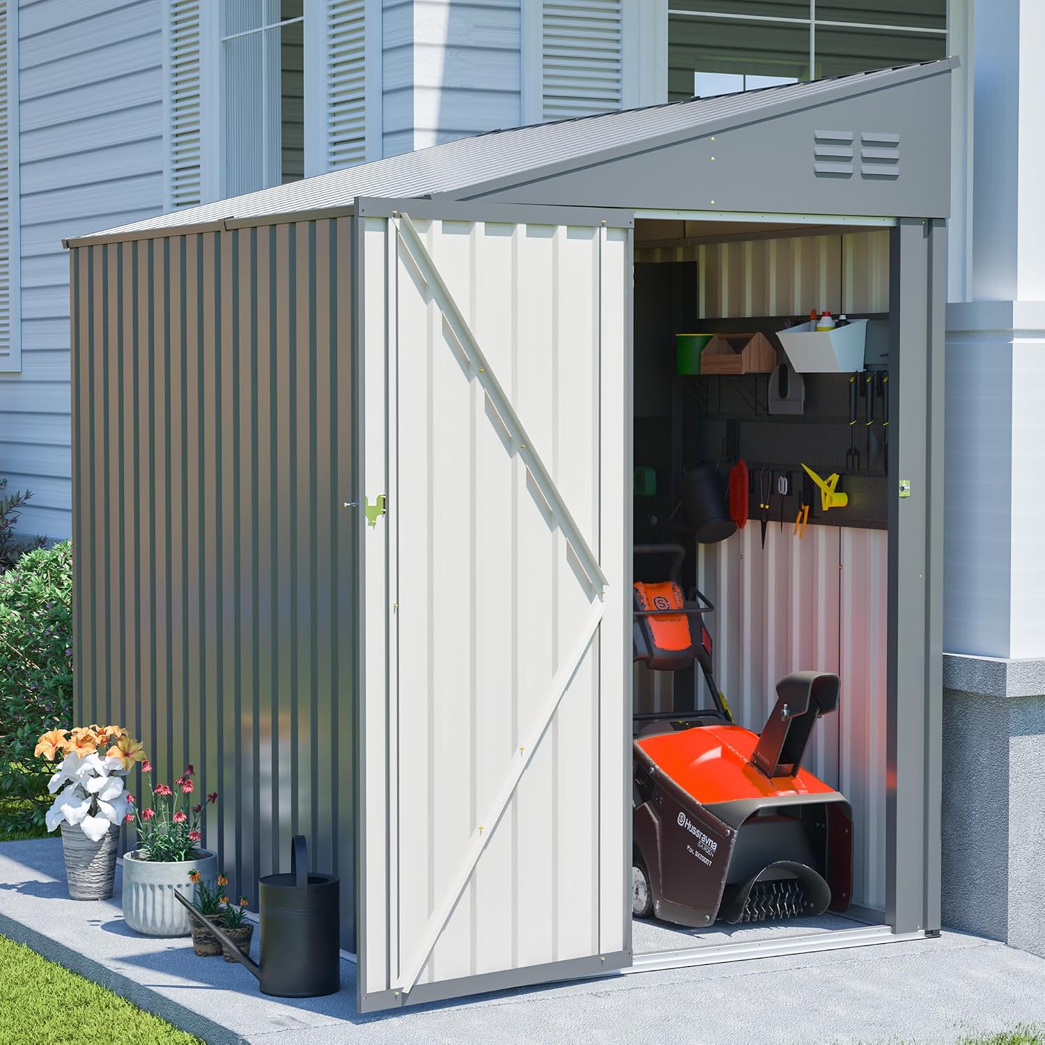 YOPTO 4×7 FT Outdoor Metal Storage Shed,Heavy-Duty Lean to Storage Shed with Lockable Door and Reinforced Beams,All Weather Waterproof Storage House W/2 Air Vents,for Backyard,Patio,Lawn,Dark Gray