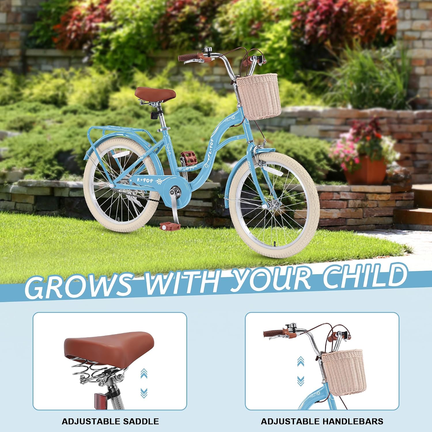 Girls Bikes Ages 8-12, 20 Inch Girls Bike Kids Bicycle with Basket, Lightweight Kids' Bicycles with Front and Rear Brakes, Cruiser Bike for Children, Multiple Colors