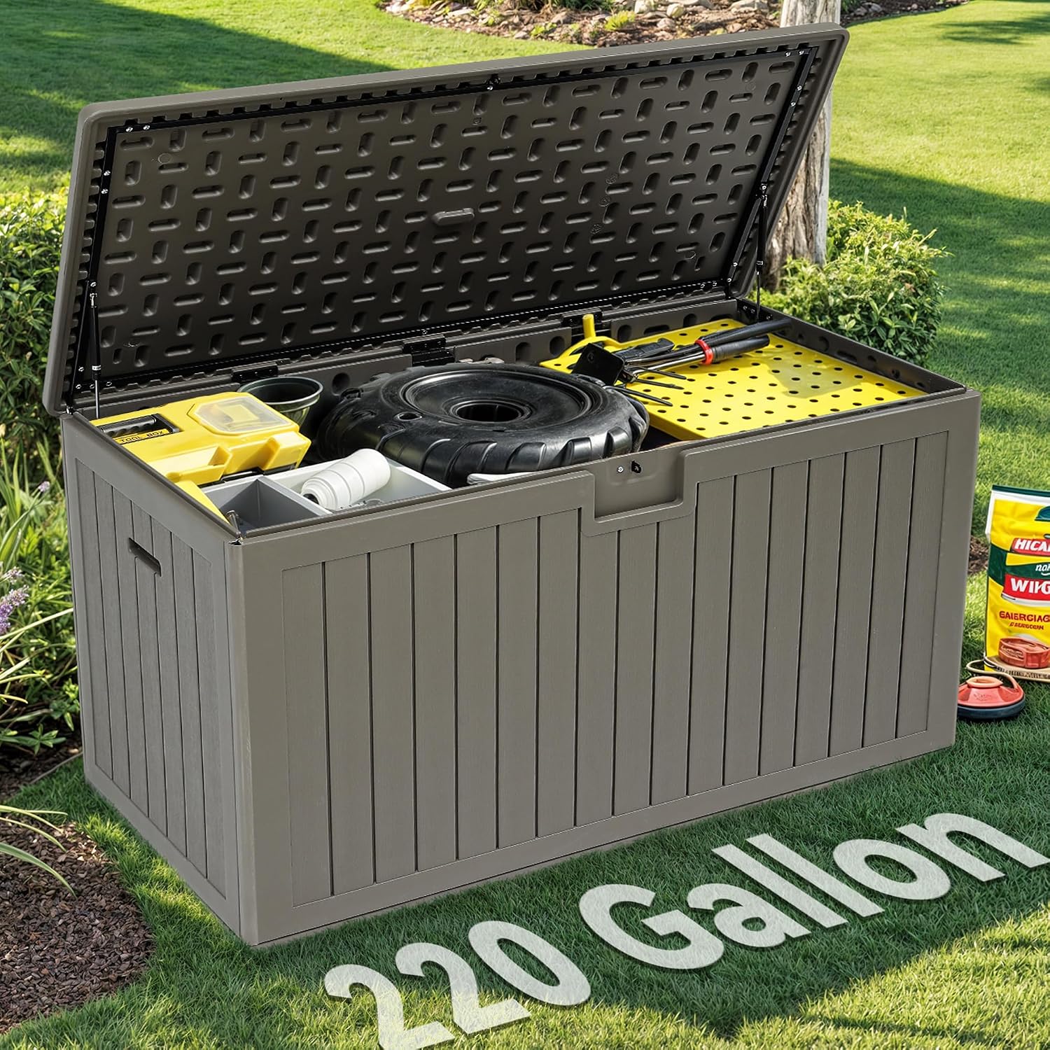 YITAHOME 220 Gallon Double-Wall Deck Box with Divider & Side Handles, Outdoor Large Storage for Patio Furniture Cushions, Garden Pool Accessories, Water Resistant & Lockable