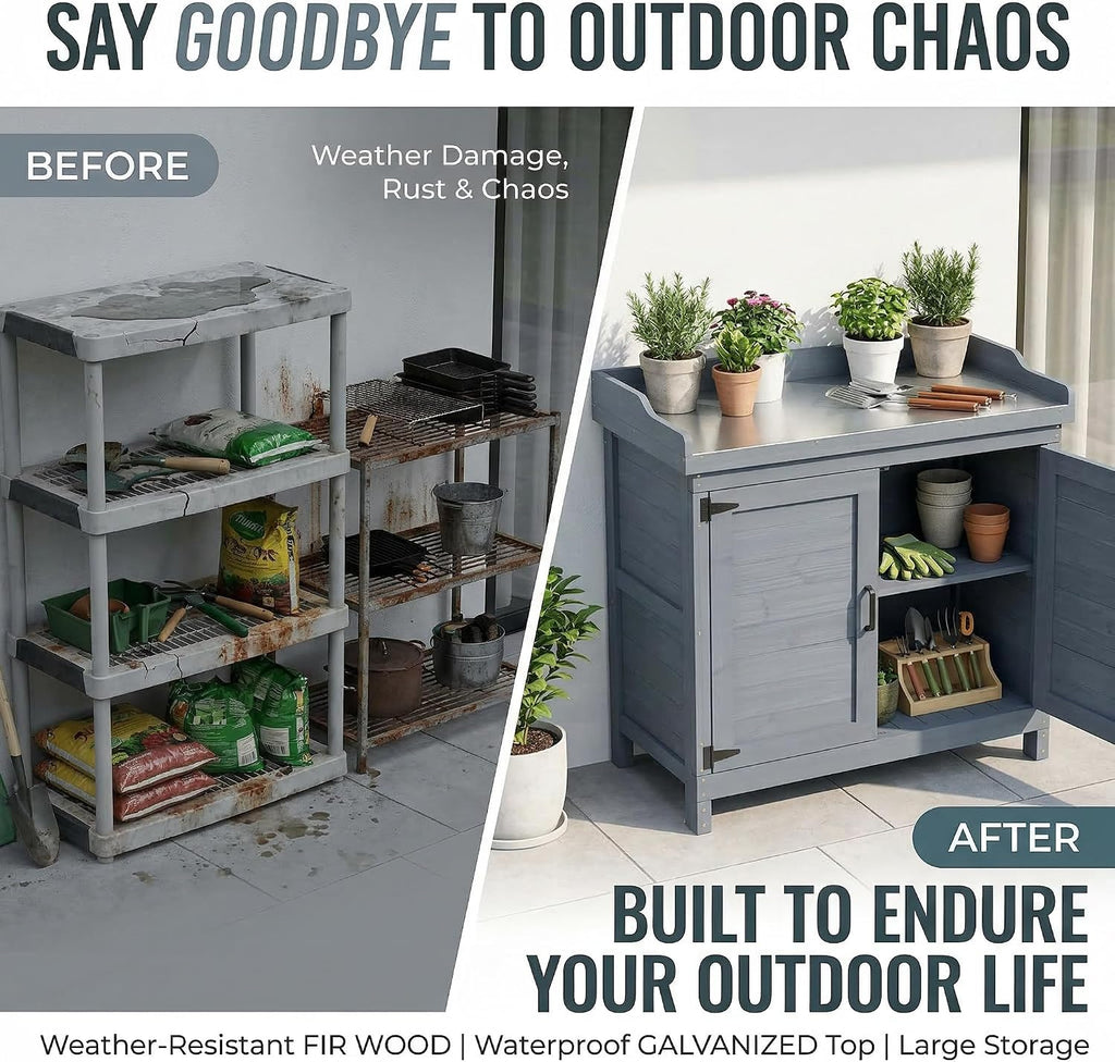 Outdoor Garden Patio Wooden Storage Cabinet Furniture Waterproof Tool Shed with Potting Benches Outdoor Work Station Table (Gray)