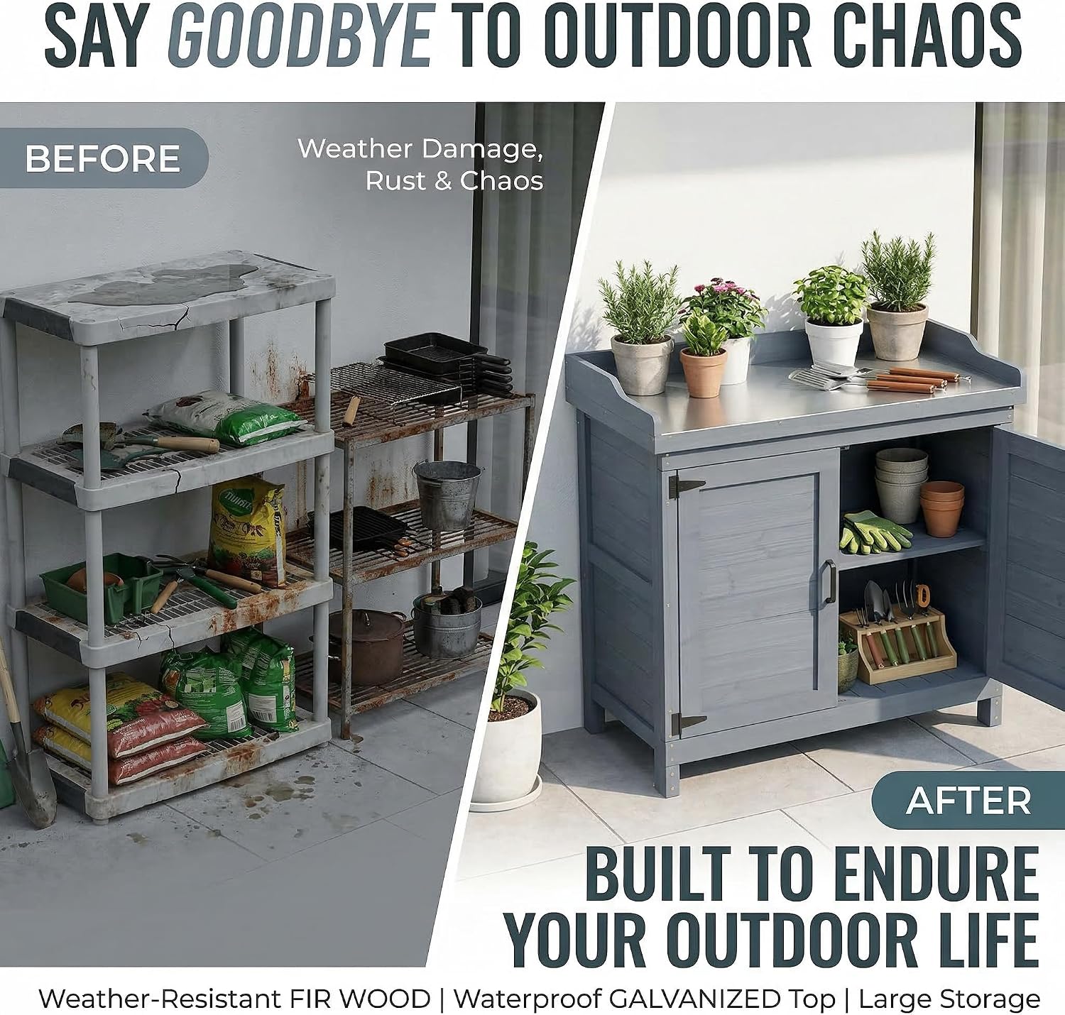 Outdoor Garden Patio Wooden Storage Cabinet Furniture Waterproof Tool Shed with Potting Benches Outdoor Work Station Table (Gray)