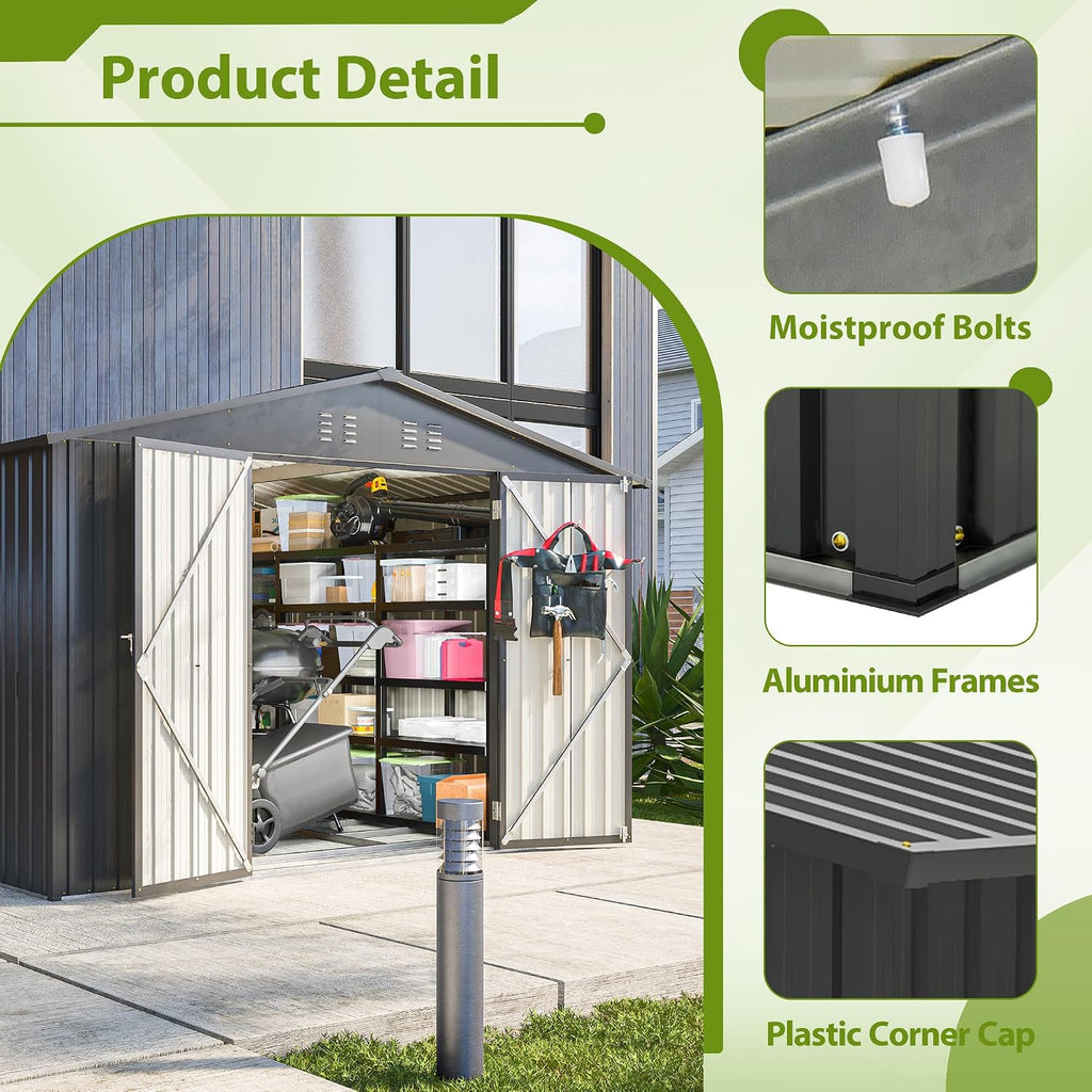 8x10 FT Outdoor Storage Shed, Metal Garden Shed with Frame Floor, Outside Tool Shed with Lockable Hinged Doors, Waterproof Storage Building with Sloped Roof for Backyard, Patio, Lawn, Black