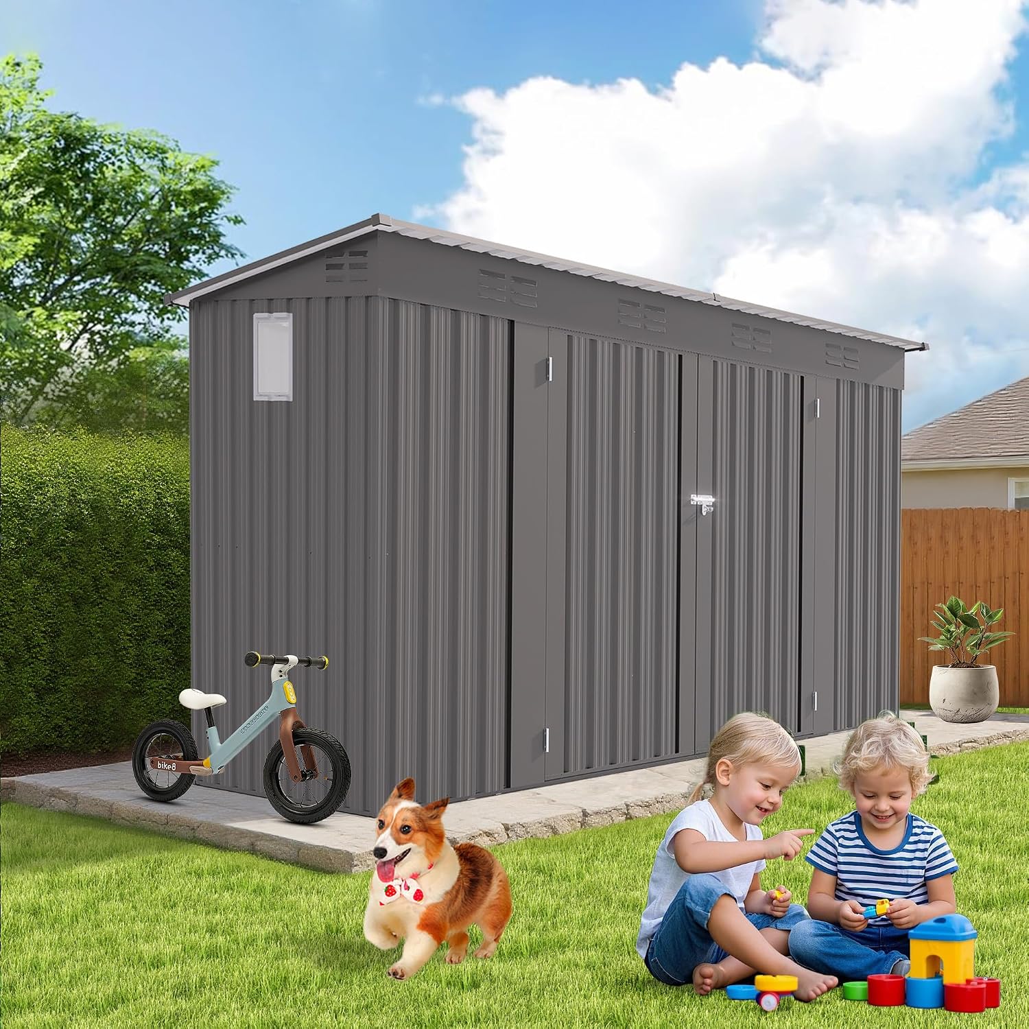 YOPTO 4x9 FT Outdoor Storage Shed,Metal Shed W/Window,Garden Storage Shed W/ 6 Air Vents & 2 Swing Doors,Weatherproof Tool House W/Sloped Roof,for Backyard Patio Lawn,Gray