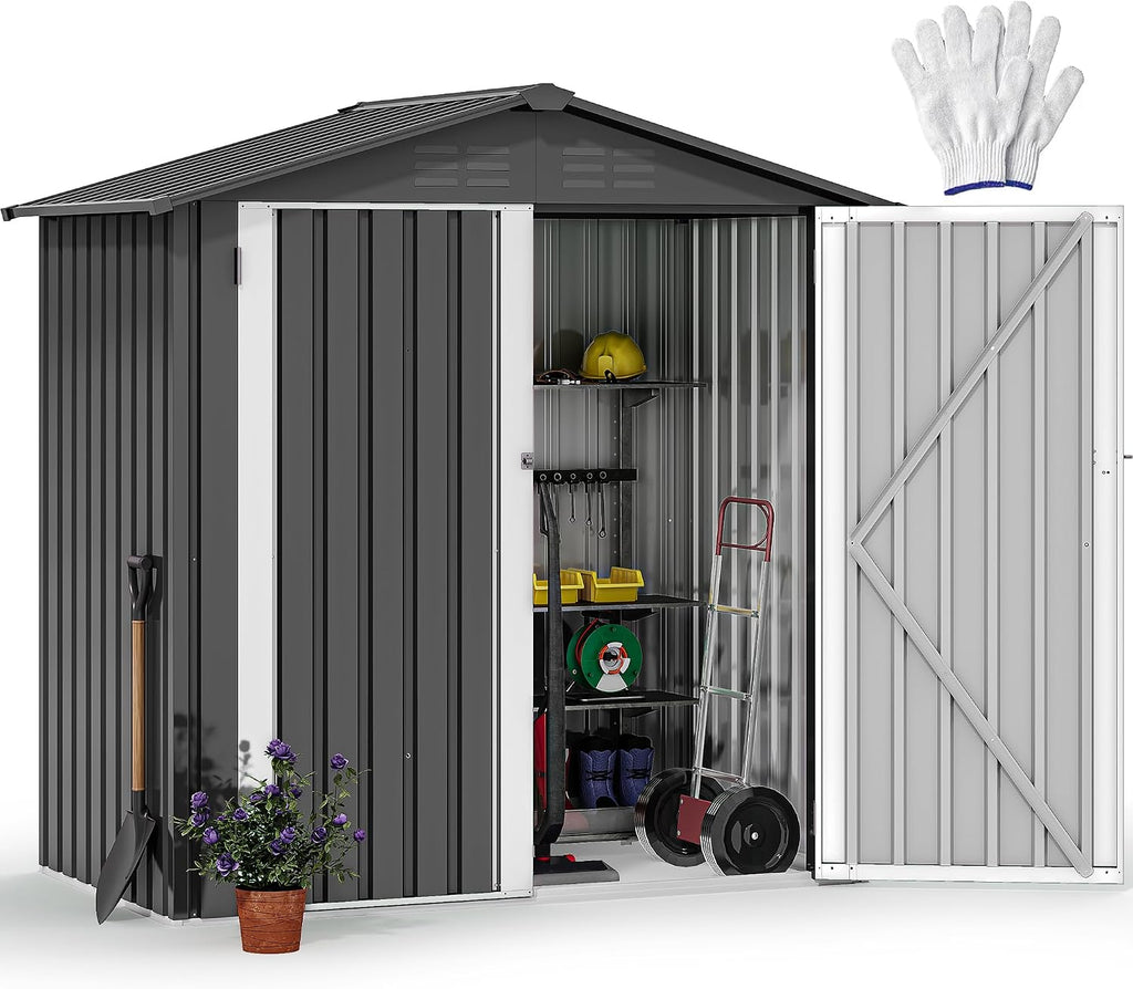 DWVO 6x4ft Outdoor Storage Shed, Lockable Metal Tool Storage Sheds, Waterproof Garden Sheds with Vents for Backyard, Patio, Garage, Lawn, Dark Gray