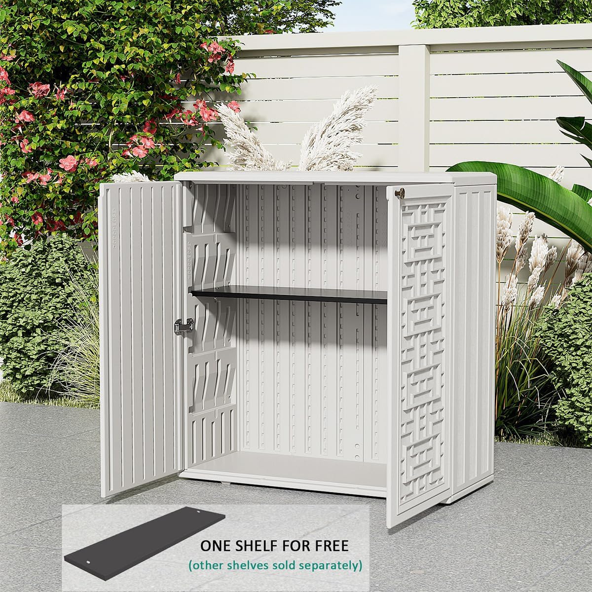 KINYING Outdoor Storage Cabinet Waterproof, Resin 62 Gallon Deck Box for Patio Furniture Cushions, Garden Tools, Pool Tools and Kids' Toys (Off White with 1 Shelving)