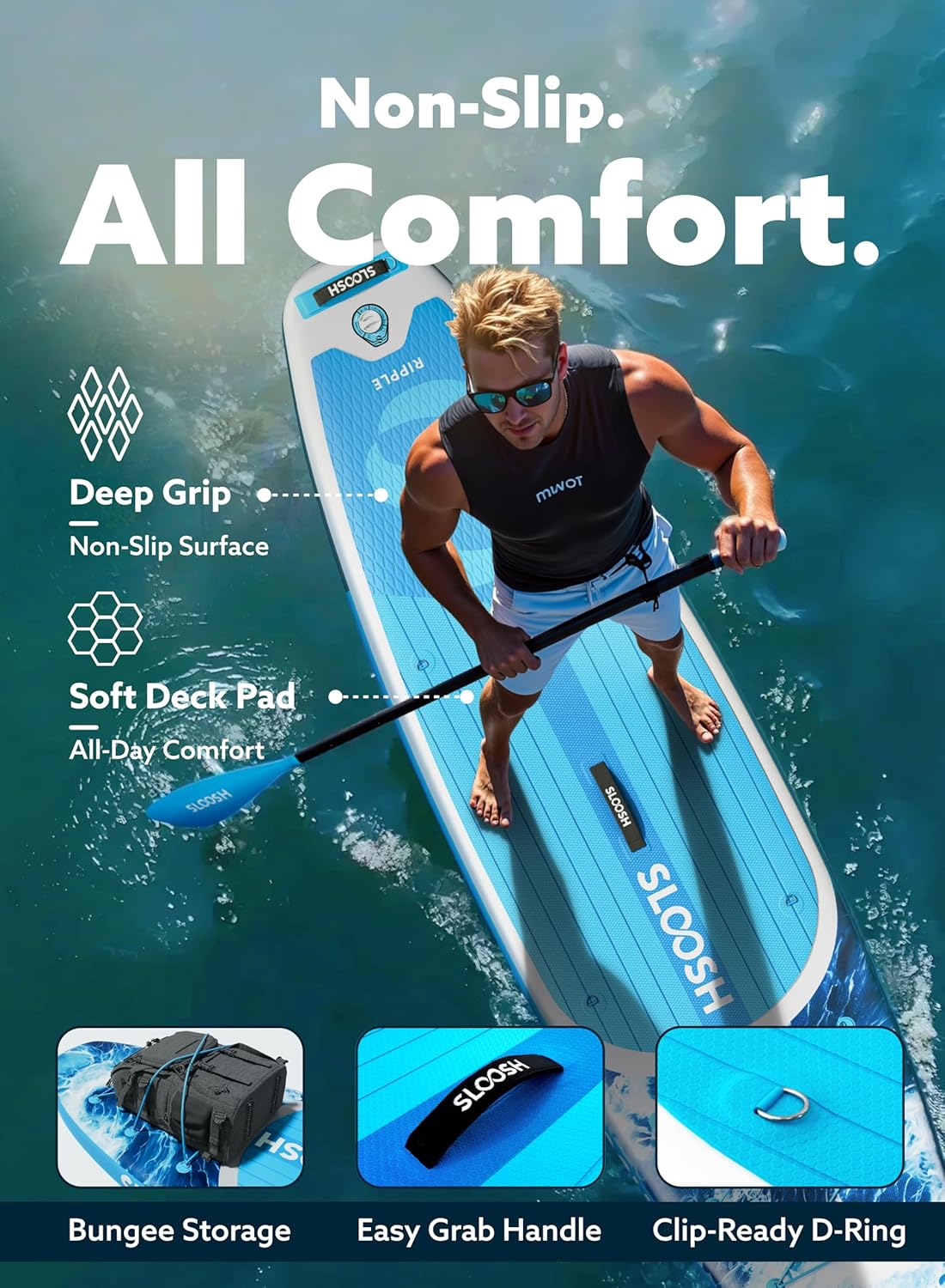 SLOOSH Inflatable Stand Up Paddle Board, 10'6' Paddle Boards with Premium Accessories, Non-Slip EVA Deck, Ultra-Light Carry Bag Pump, Ripple SUP for Youth & Adults of All Skill Levels