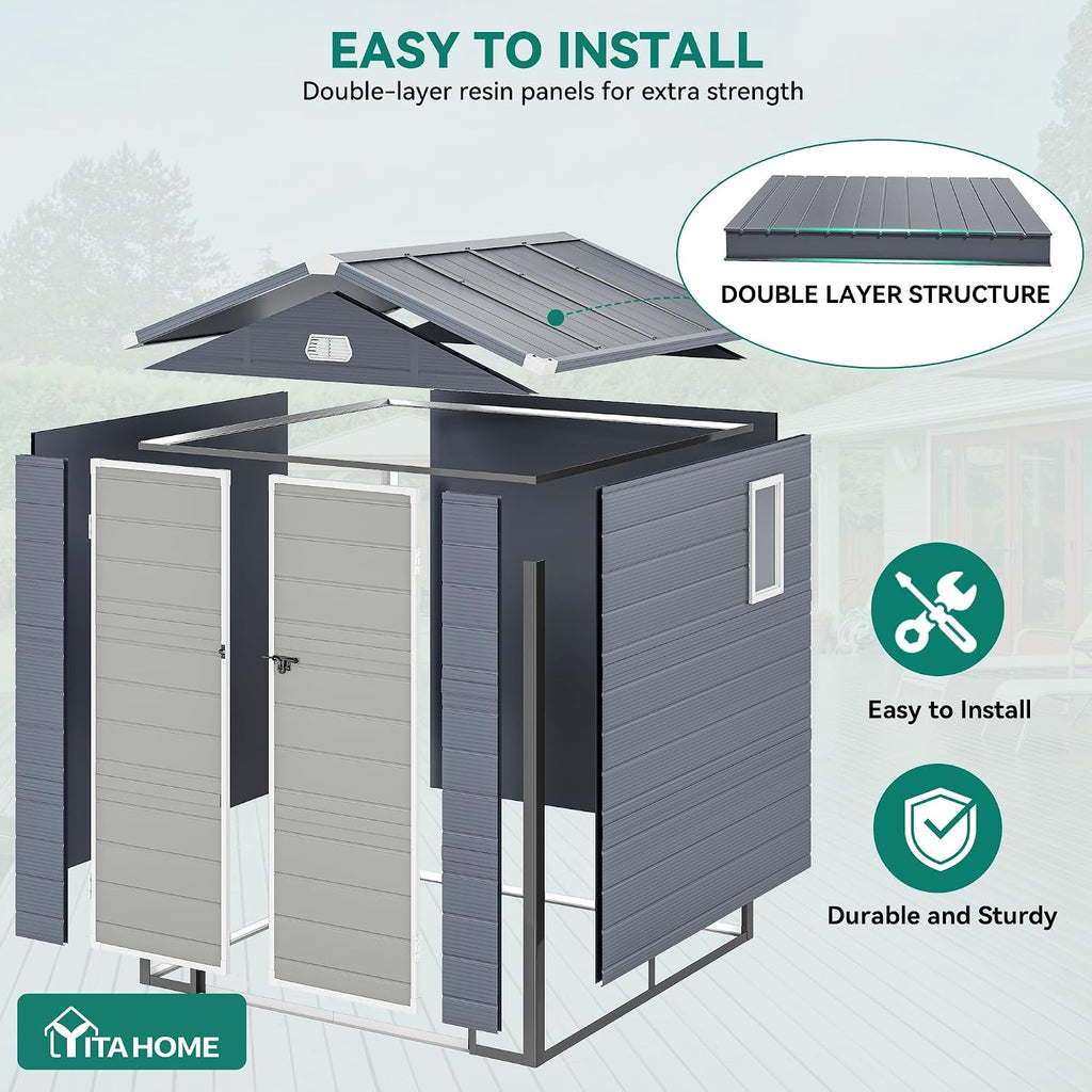 YITAHOME 6x6FT Resin Storage Unit sans Flooring, All-Weather Plastic Shed with Window, Vents and Secured Doors, Outdoor Plastic Tool Cabin for Poolside, Lawn, Backyard, Patio, Dark Gray