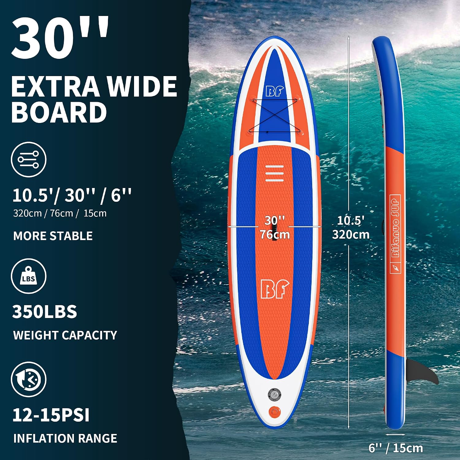 Bifanuo Inflatable Stand Up Paddle Board with SUP Accessories & Backpack. Paddle Boards for Adults. Non-Slip Deck, Wide Stance, Bottom Fin, Double Action Pump.