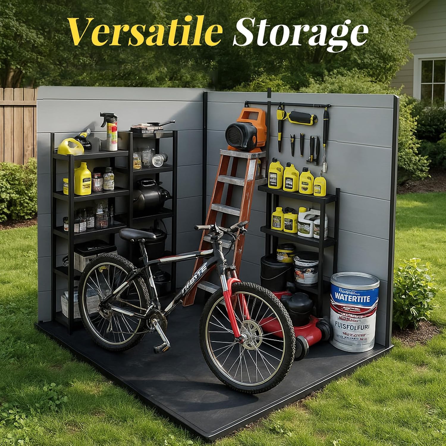 4x8 FT Lean to Shed with Floor, Resin Storage Shed & Outdoor Storage Clearance with 2 Windows, Backyard Storage Sheds for Garden, Patio, Backyard, (Black+Grey)