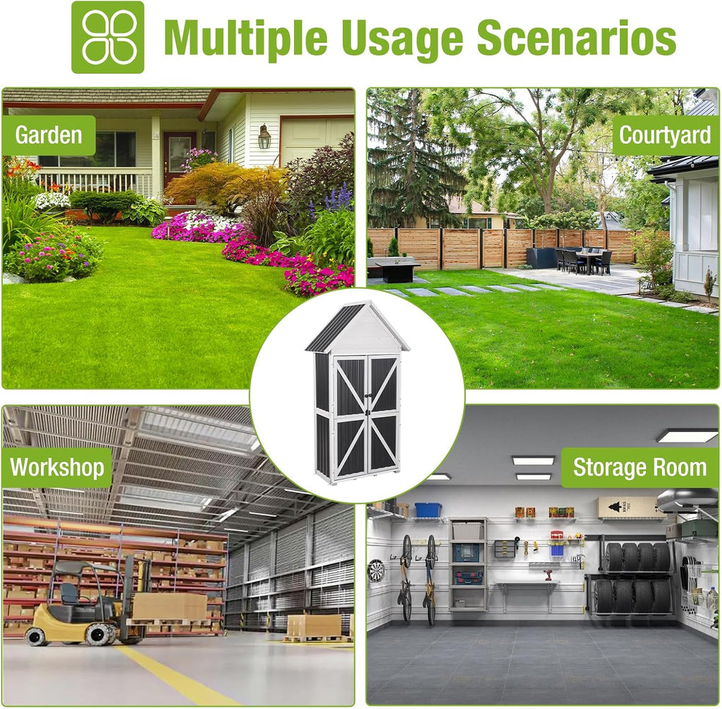 Outdoor Storage Shed with Metal and Wood Frame, Weatherproof Resin Panel and Roof Garden Sheds Garden Sheds with Adjustable Shelves, Tool House with Elevated Floor for Backyard Garden(Black)