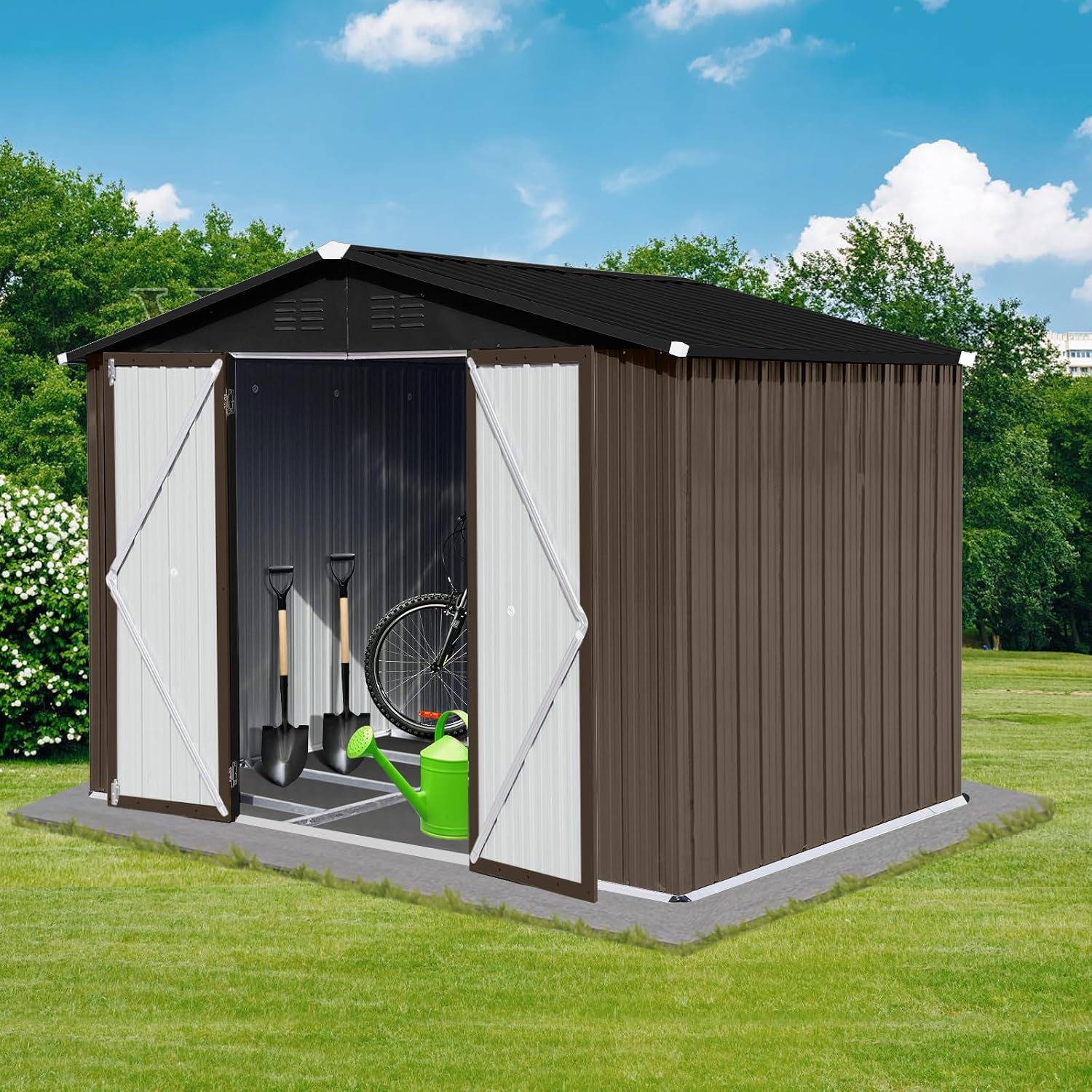 Metal Outdoor Storage Shed 8 x 6 FT, Steel Utility Tool Shed Storage House with Sloping Roof and Lockable Door, Waterproof Garden Storage Tool Shed for Backyard Patio Lawn (Brown, 8X6 FT)